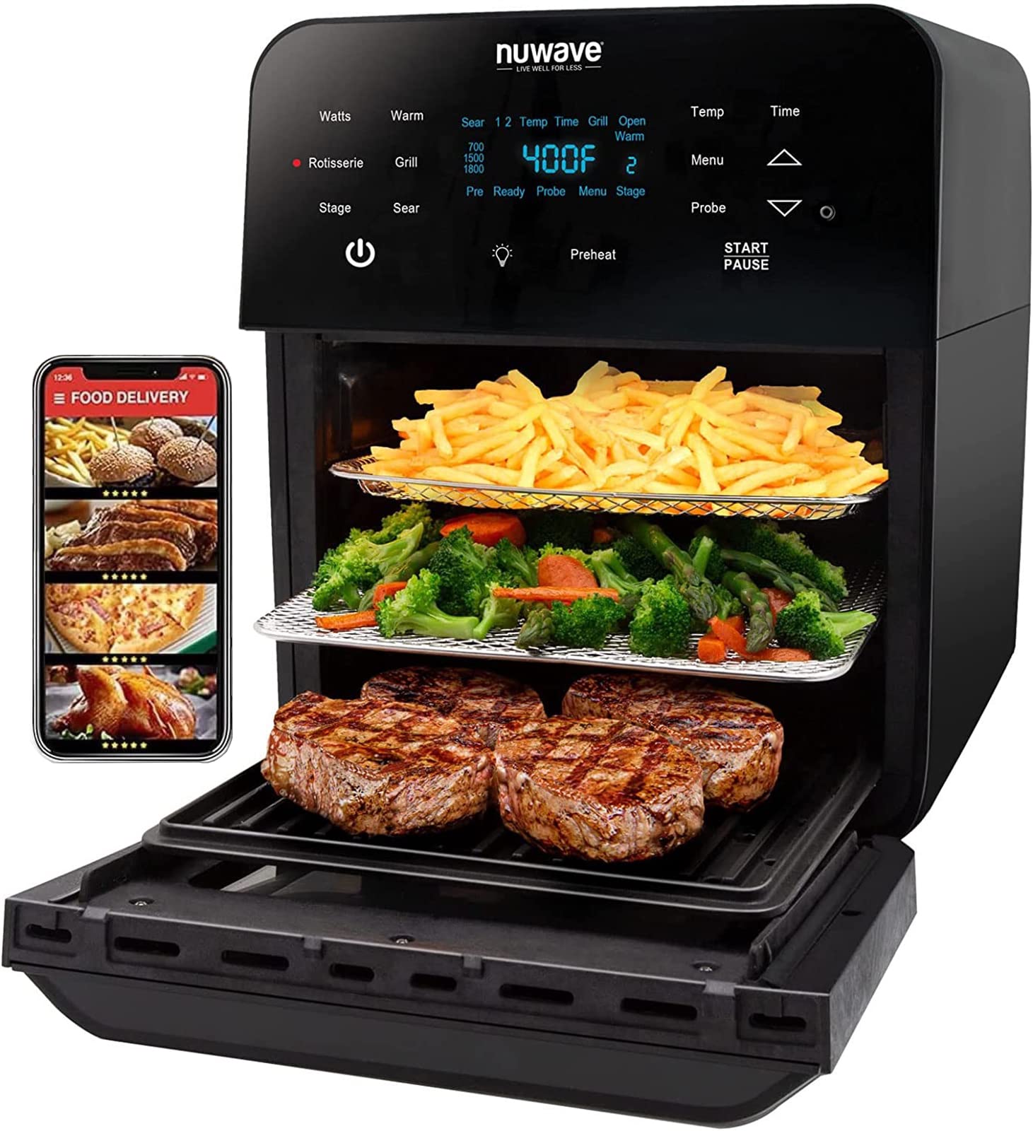 Nuwave Brio Air Fryer Oven, 15.5Qt, X-Large, Stainless Steel, Black, with Rotisserie Basket, Smart Thermometer, Non-Stick Grill Plate