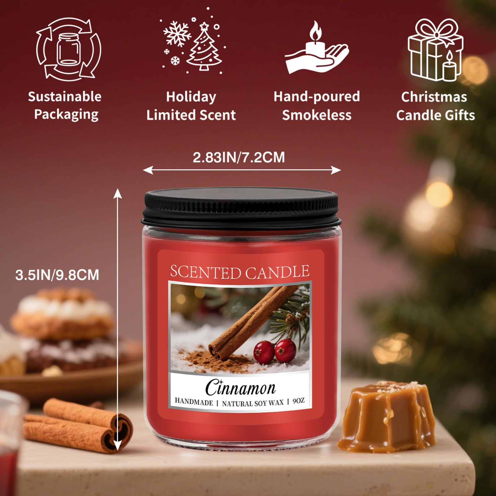 Homsolver Cozy 9OZ Cinnamon Candle Scented Strong, Christmas Candles Cinnamon Stick Apple Scented with 50+ Hours of Burn Time, F