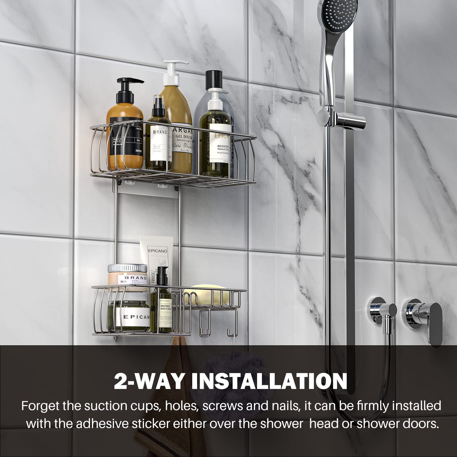 Epicano Anti-Swing Hanging Shower Caddy Stainless Steel 304, Over Head Shower Caddy Rustproof With Hooks For Towels, Sponge And