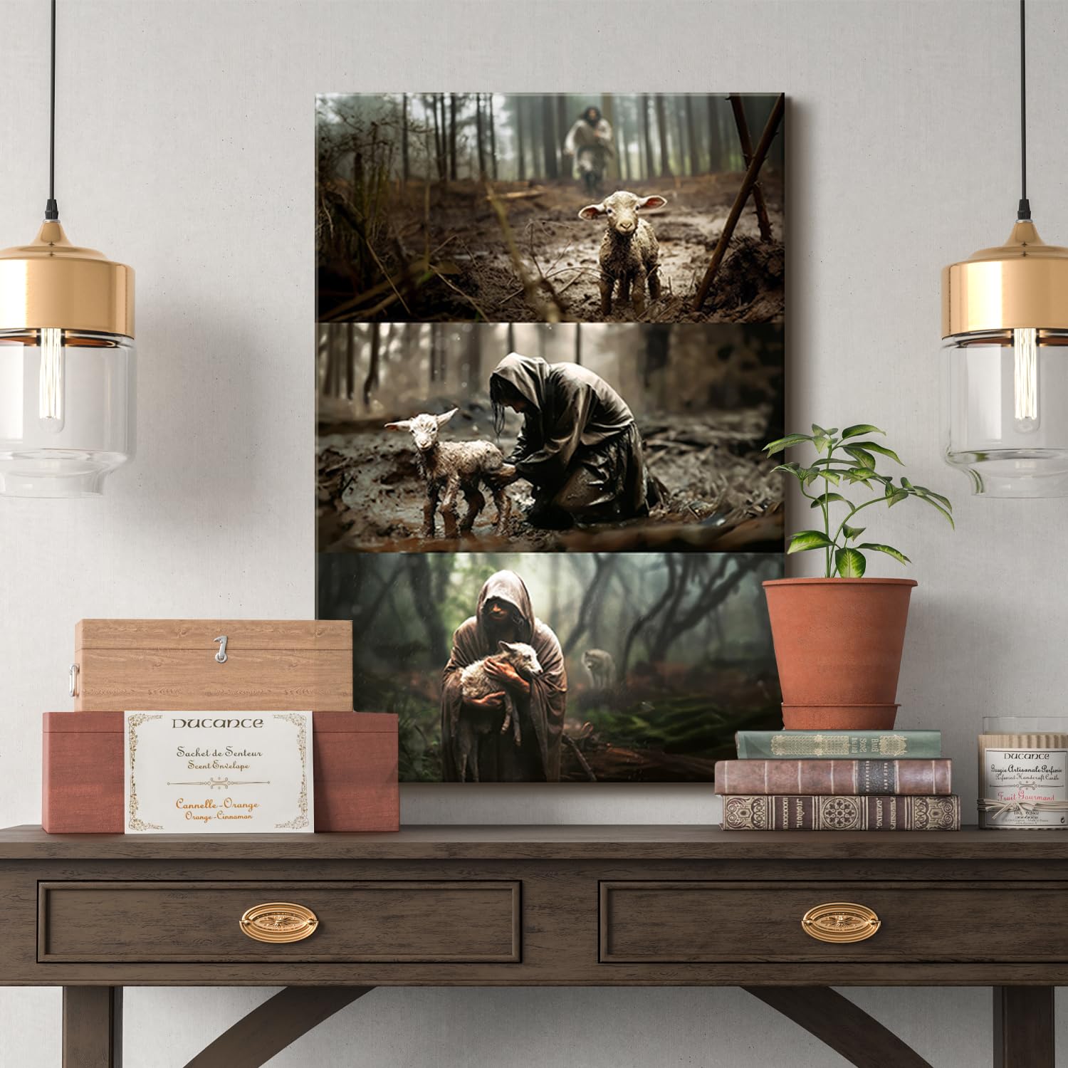 Framed Jesus And Lamb Canvas Wall Art Jesus Save Lost Lamb Posters Prints Vintage Christian Pictures Wall Decor For Bedroom Mode