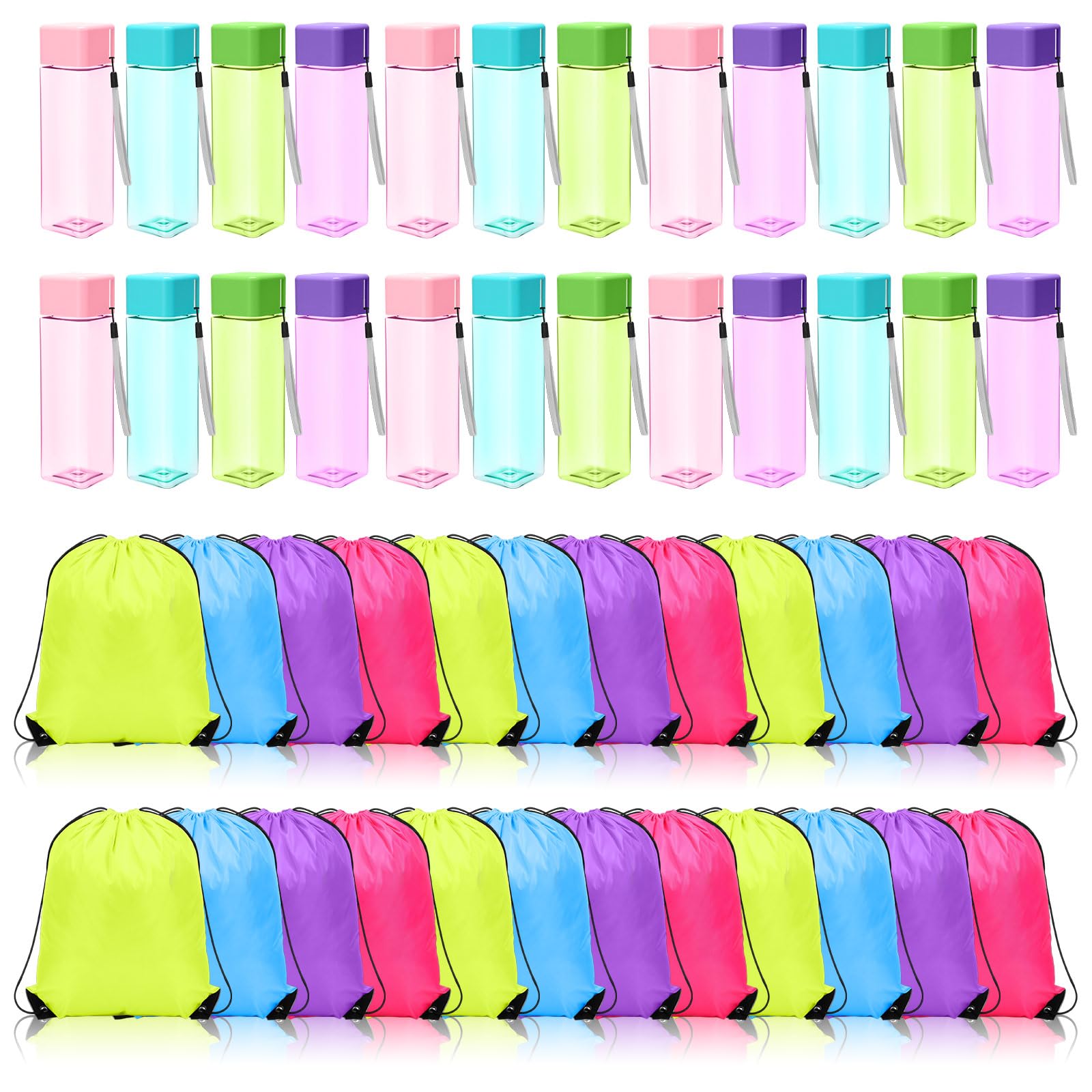 Domensi 24 Sets Plastic Water Bottles Bulk and Drawstring Backpack Set 17 oz Leakproof Reusable Bottles with Cards for Summer Ca