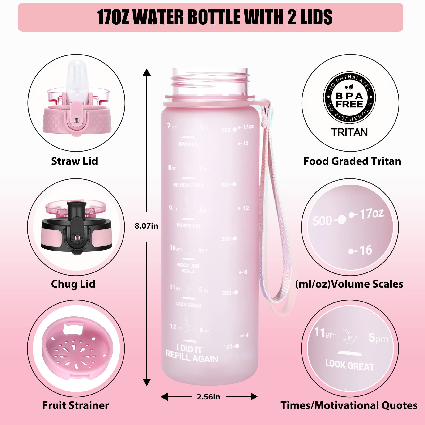 Oldley Kids Water Bottle For School, 17 Oz (2 Lids) Bpa-Free Reusable Leak-Proof Durable Tritan Plastic Water Bottles With Straw