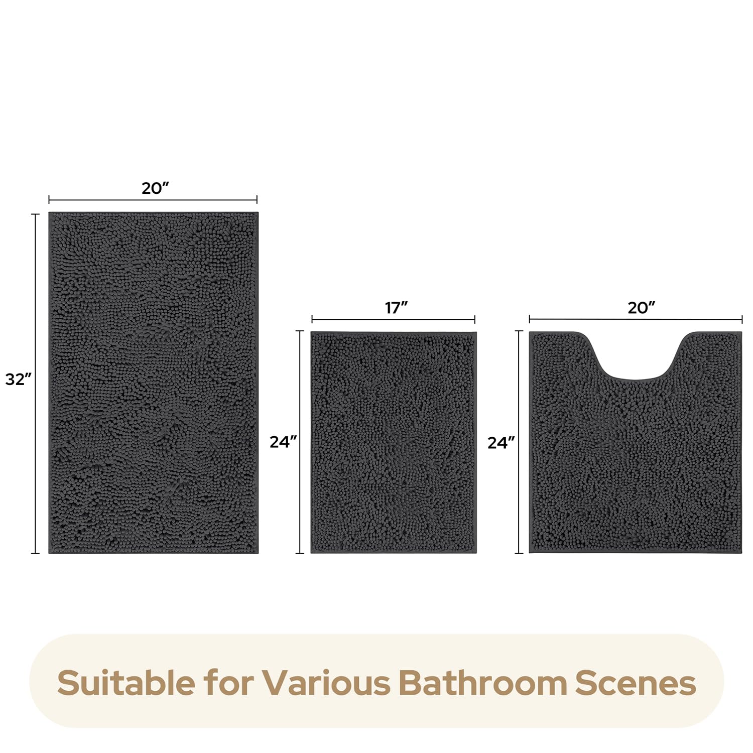 Homeideas 3 Pieces Bathroom Rugs, Ultra Soft Non Slip Absorbent Chenille Toilet Bath Mat Set (Charcoal/Dark Grey)