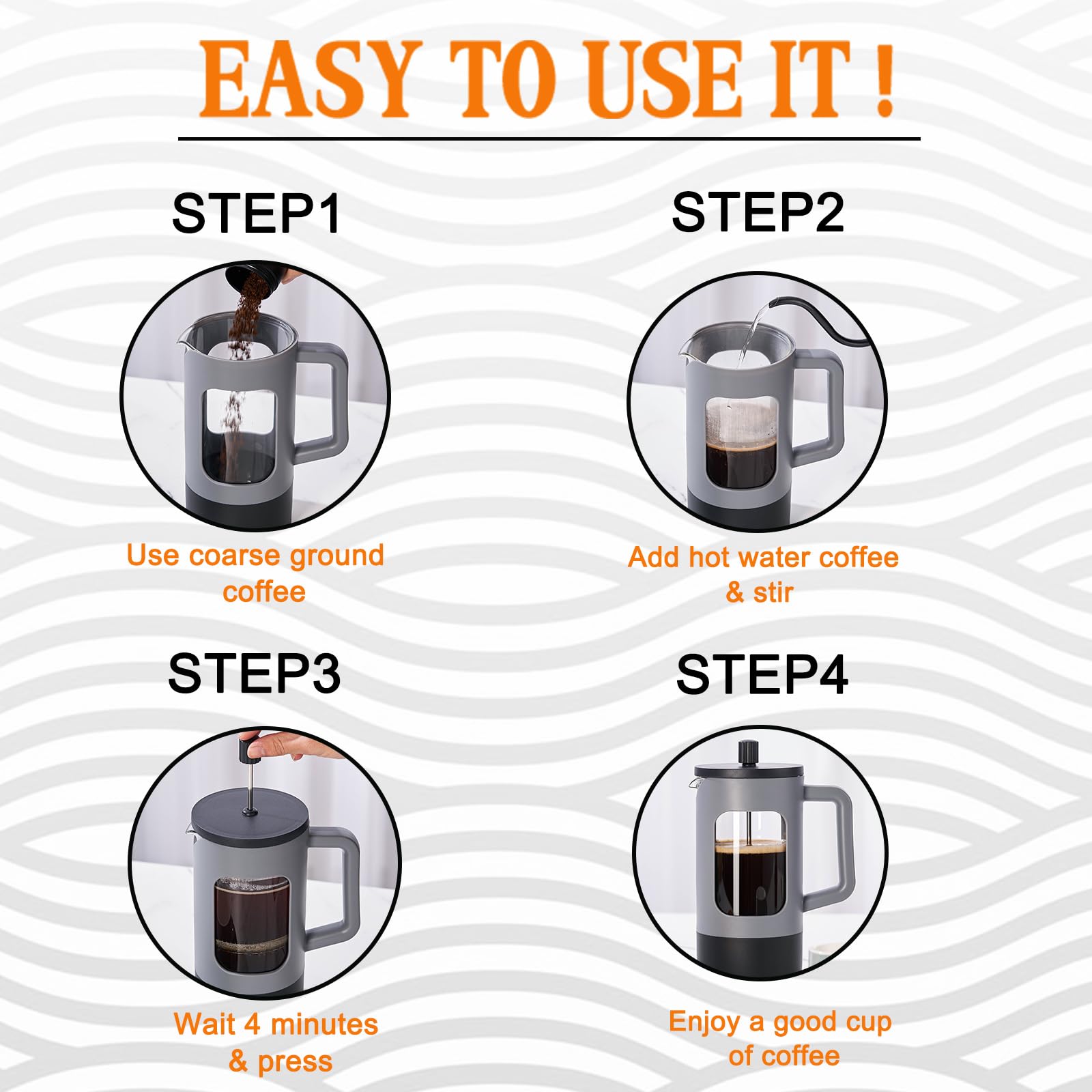 Yolife French Press Coffee Maker, 34 Oz / 4 Cup Coffee Tea Press With Heat-Resistant Borosilicate Glass, 4-Level Filtration Syst