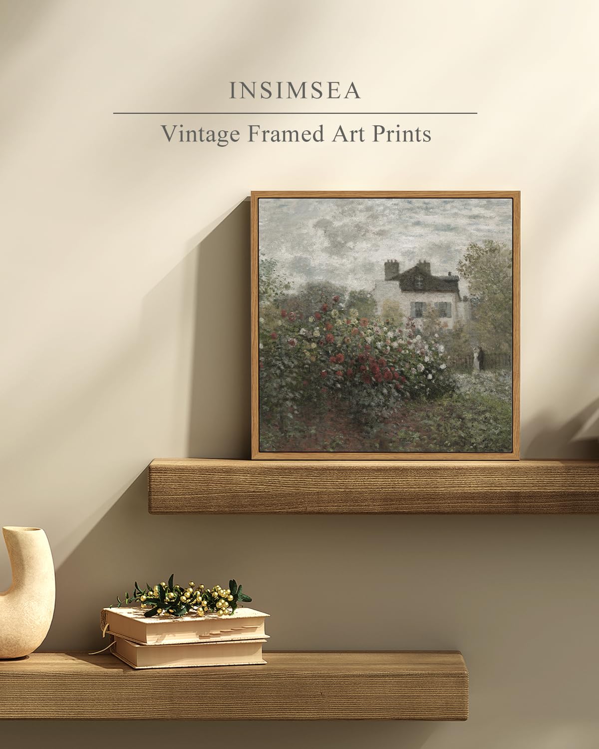 Insimsea Square Framed Canvas Wall Art, Home Decor Monet Flower Garden Wall Art Prints, Vintage Oil Paintings Room Decor, Desk D