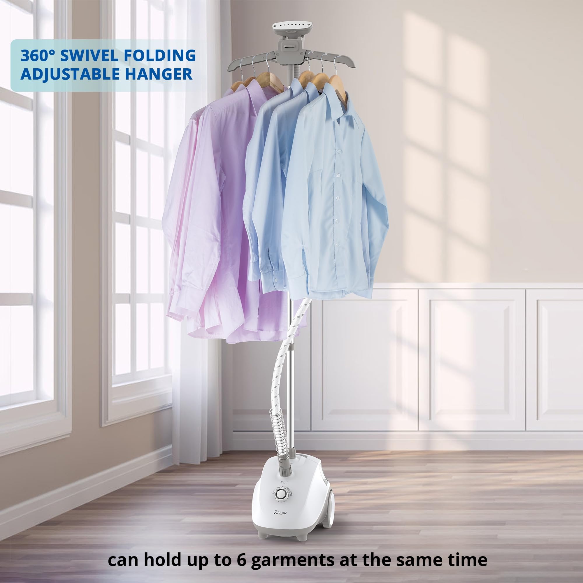 Salav Standing Steamer For Clothes, 1500W Powerful Garment Steamer With Roll Wheels, 4 Steam Settings, High Efficiency Stainless