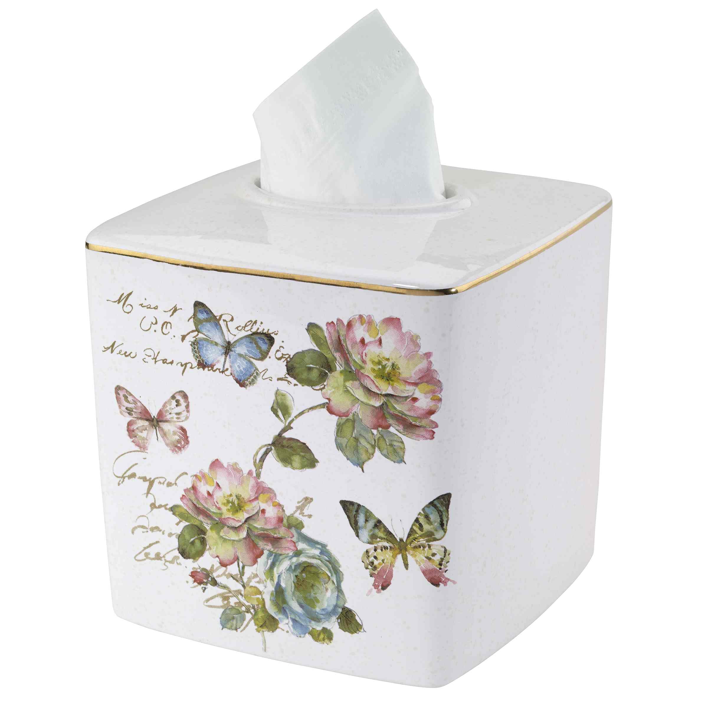 Avanti Linens - Tissue Box Cover, Ceramic Bathroom Accessories, Artistic Home Decor (Butterfly Garden Collection)