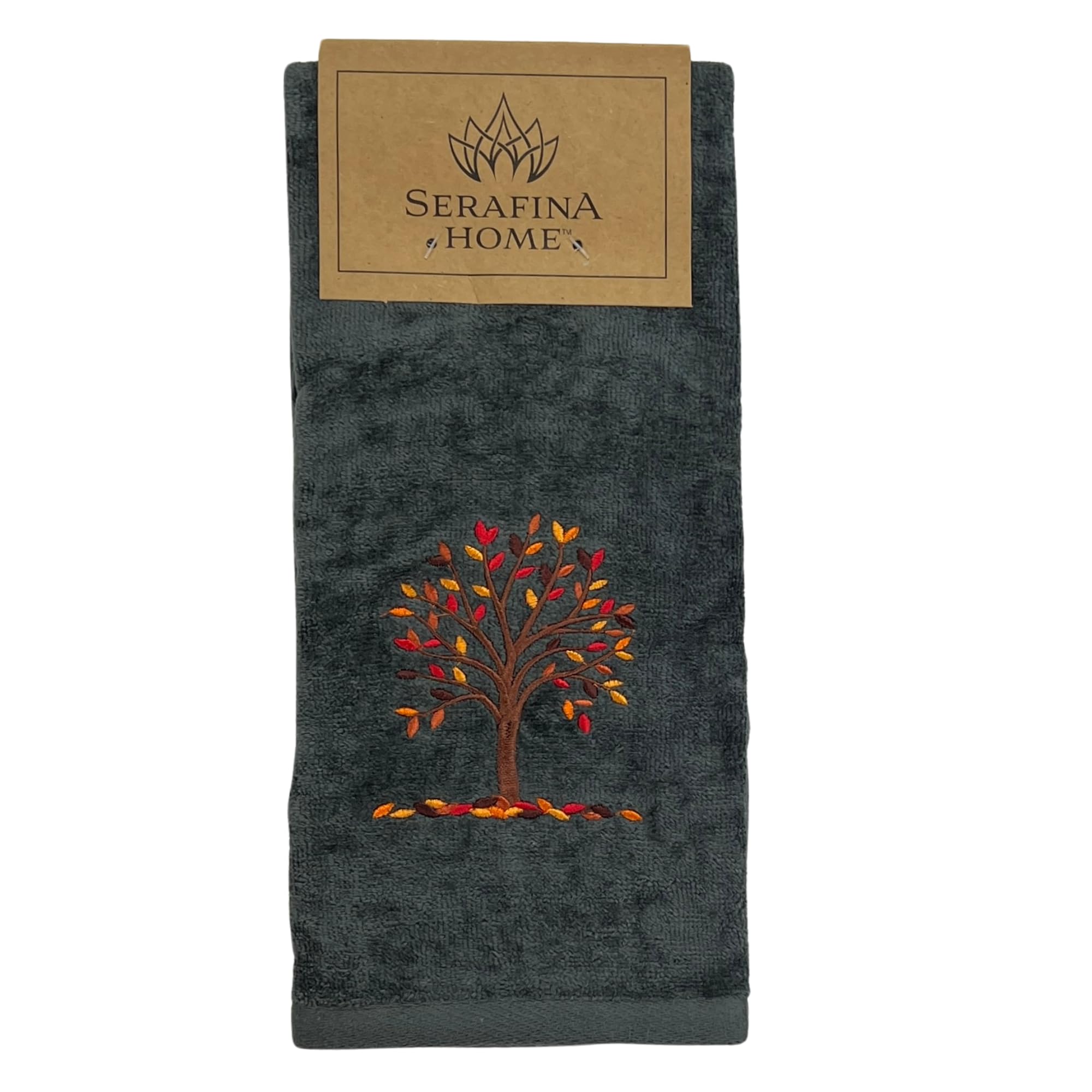 Harvest Fall Hand Towels: Plush Dark Grey Gray Cotton Towels With Autumn Tree Design Set Of 2, 16'' X 25'' Inch (Mod Harvest)