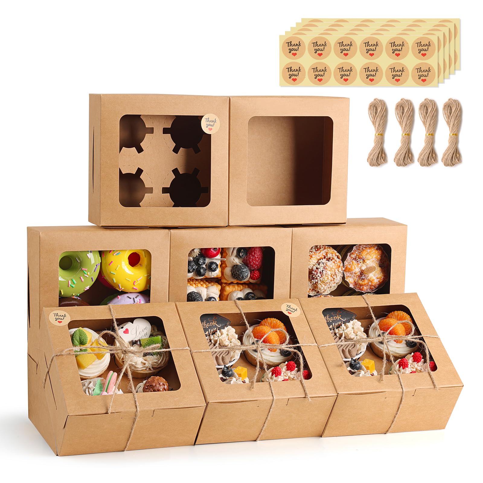 TOMNK 50 PCS Cupcake Boxes with Window, 6.3x6.3x3 Inch Cookie Boxes, Brown Bakery Containers for Pastry, Dessert, Chocolate Stra