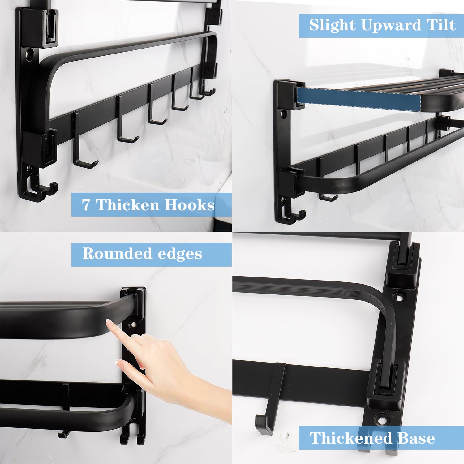 Vanloory Towel Racks For Bathroom, Foldable Towel Shelf With Towel Bar & 7 Towel Hooks, Rustproof Double Bath Towel Holder Wall