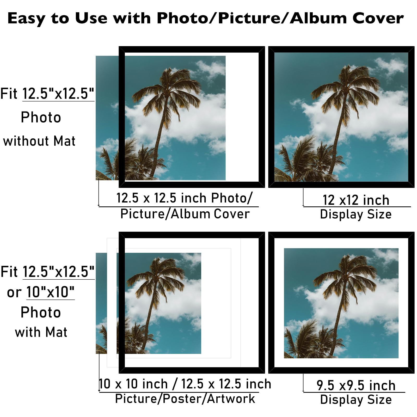 JCJMY 12.5x12.5 Vinyl Record Frame with 10x10 Mat for Vinyl Record Album Cover Poster, Display Picture 10x10 with Mat or 12.5 x