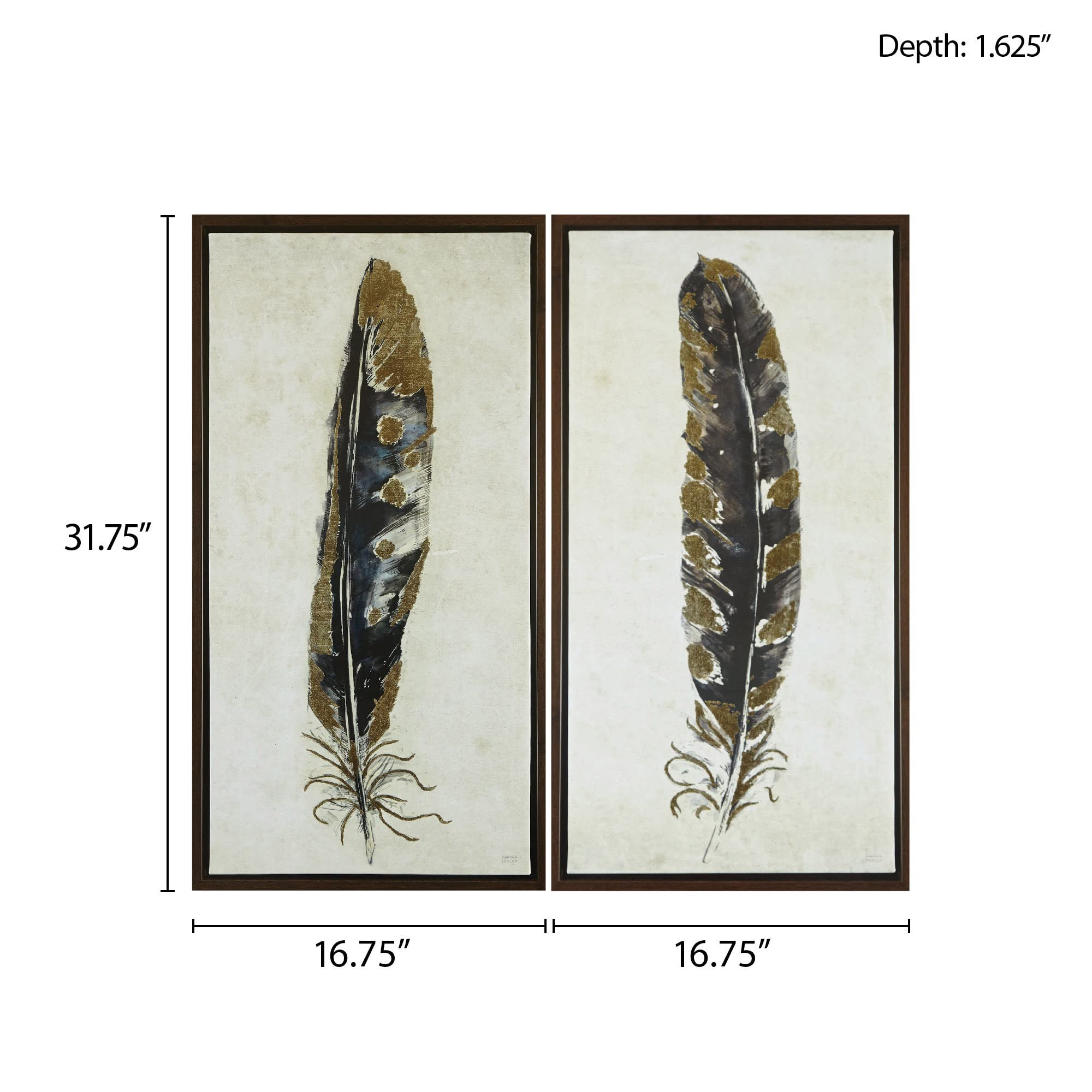 Urban Habitat, Gilded Feathers 2 Piece Set Wall Art Gold Foil Canvas, Modern Contemporary Global Inspired Painting Living Room A