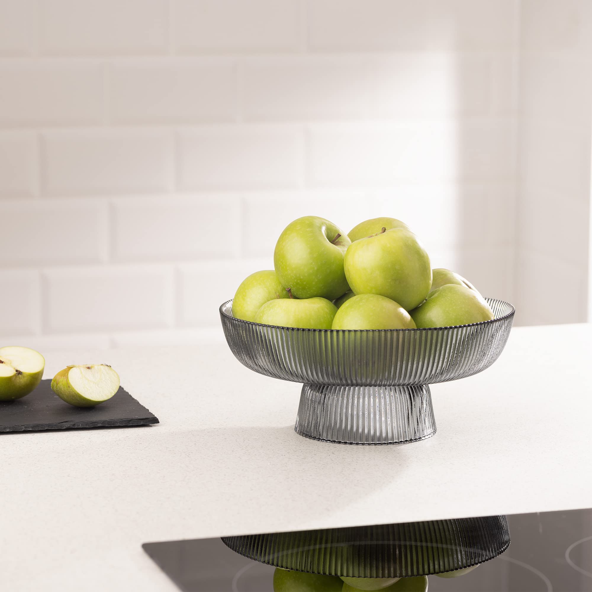 Navaris Glass Fruit Bowl - Decorative Fluted Colored Glass Bowl for Fruit Snacks Candy - 10.2 Diameter Table Centerpiece Dish -