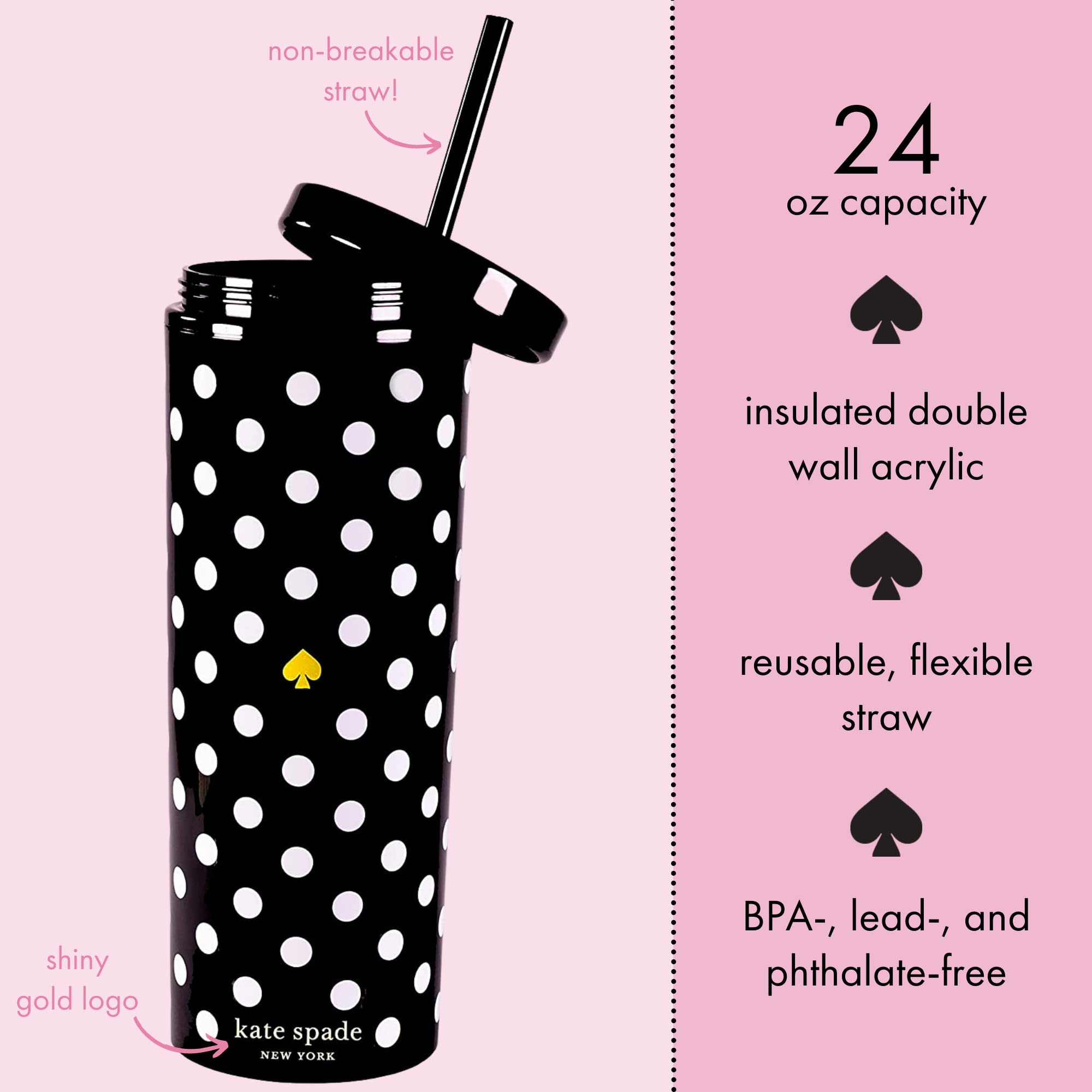 Kate Spade New York Insulated Tumbler With Reusable Straw, Black 24 Ounce Acrylic Travel Cup With Lid, Polka Dots