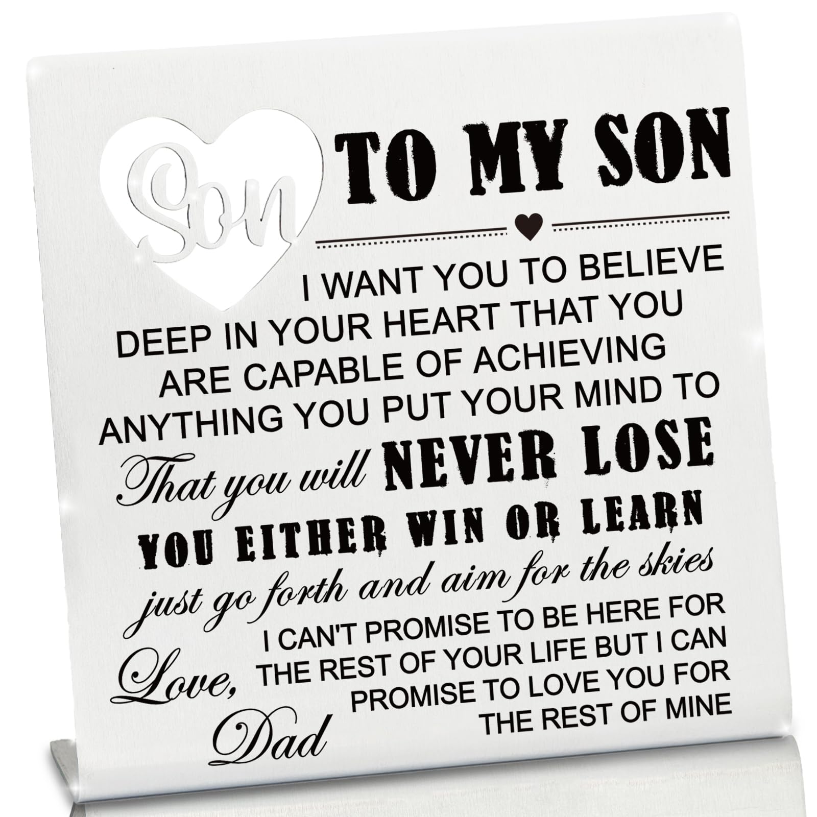 Stainless Steel Desk Plaque with Win or Learn Quote, Inspirational Desk Decor for Son from Dad, Graduation Motivational Present 
