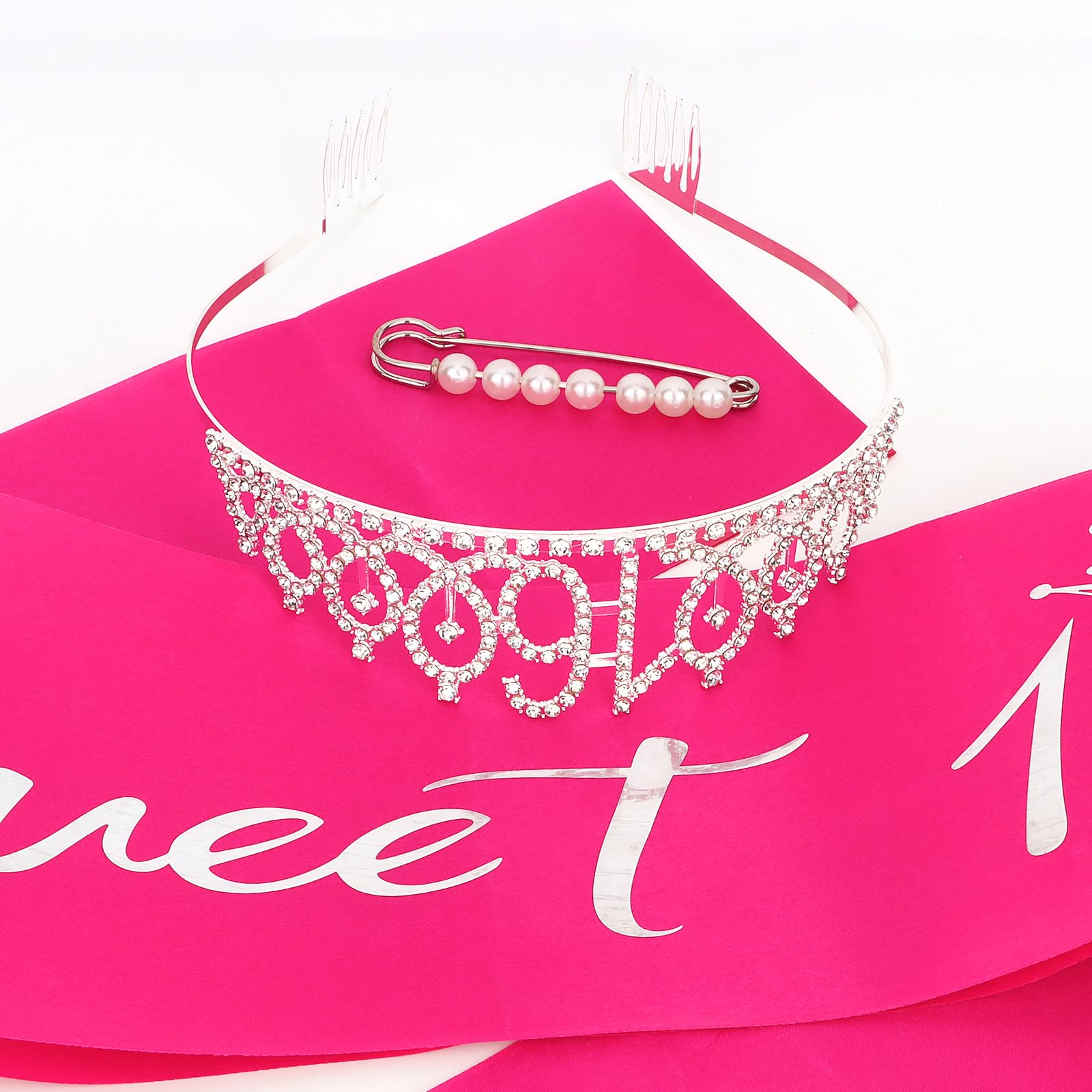 Casoty Sweet 16 Birthday Sash and Tiara, 16th Birthday Decorations for Girls, 16th Birthday Crown and Sash Set, Sweet 16 Party S