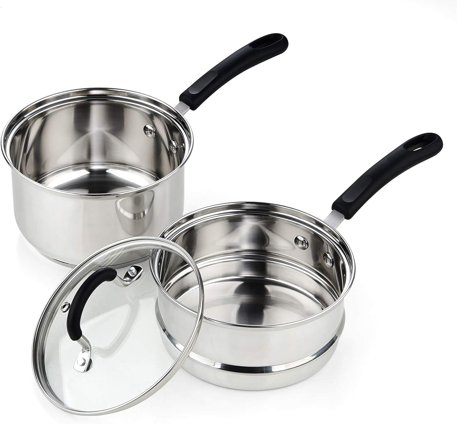 Cook N Home Double Boiler Saucepan 2QT, Stainless Steel, Tempered Glass Lid, Model 02655