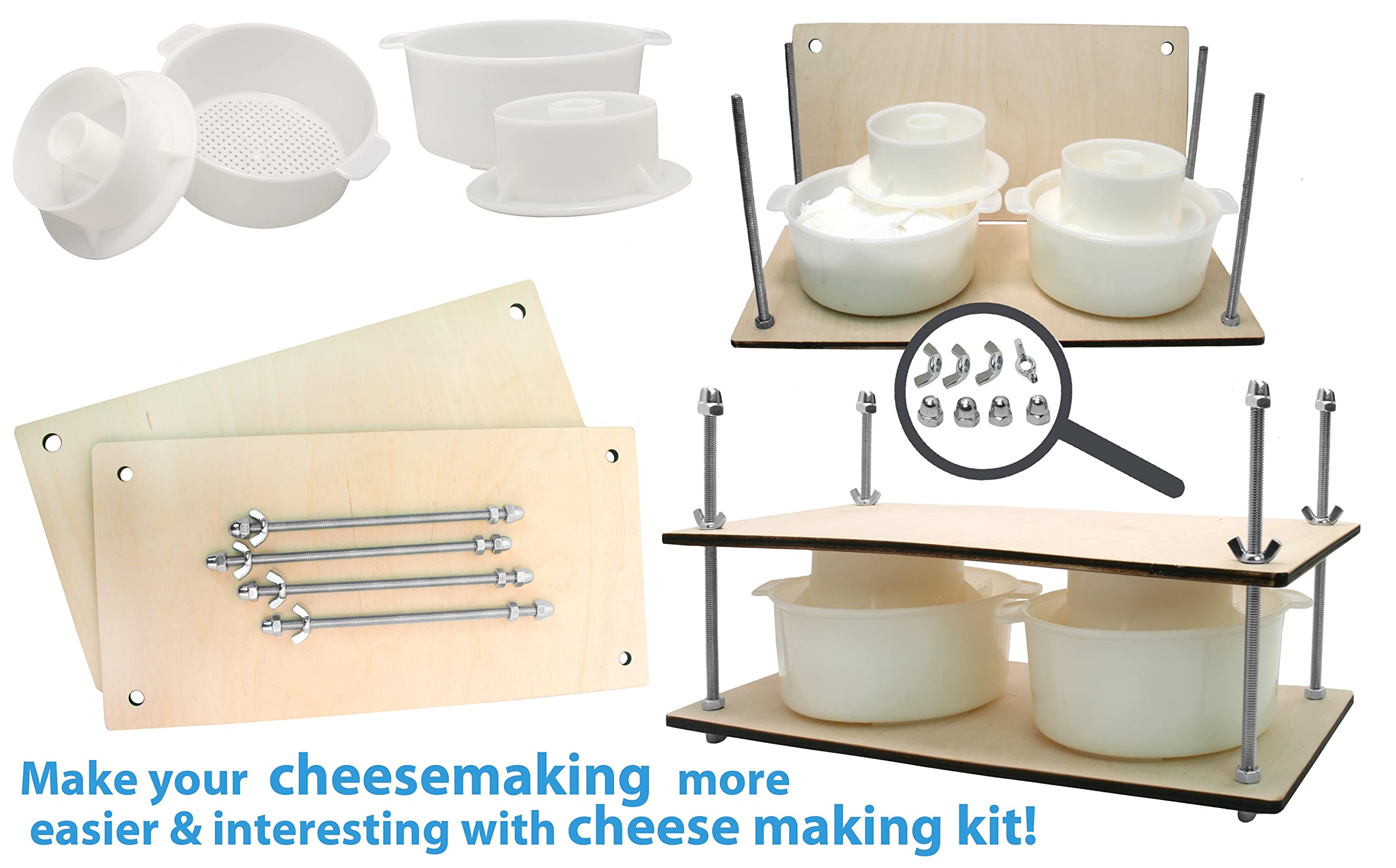 Wooden Cheese Press for Cheese Making Supplies 16in Metal Guides and 2 pcs Cheese Mold with Follower Piston 1.3Qt - large Home Supply Ultimate Cheese Press Machine - Prensa Para Queso Casero