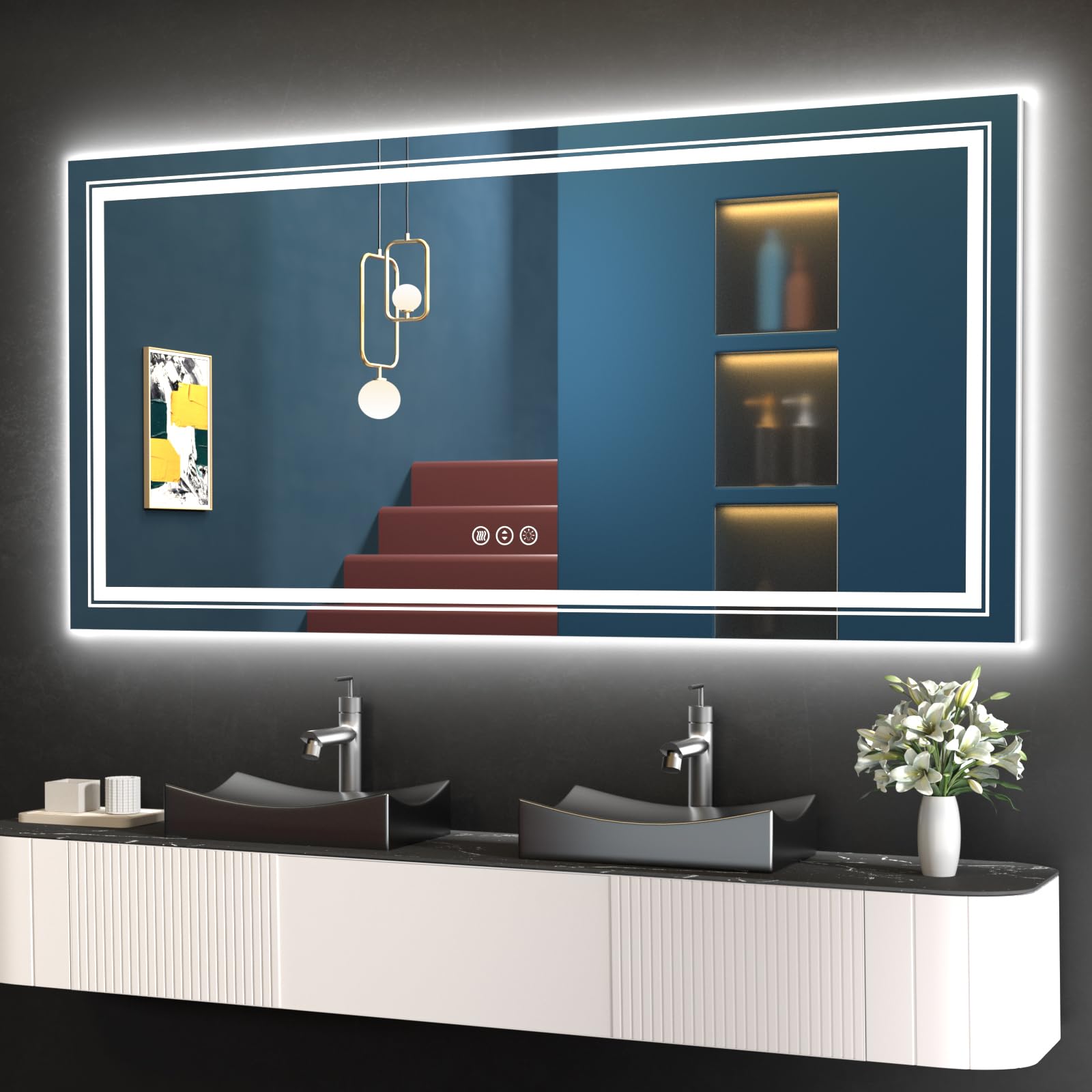 Snowdool 48X24 Front And Backlit Mirror Bathroom Led Mirror, Anti-Fog Bathroom Mirror With Lights, Stepless Dimmable, 3 Colors L
