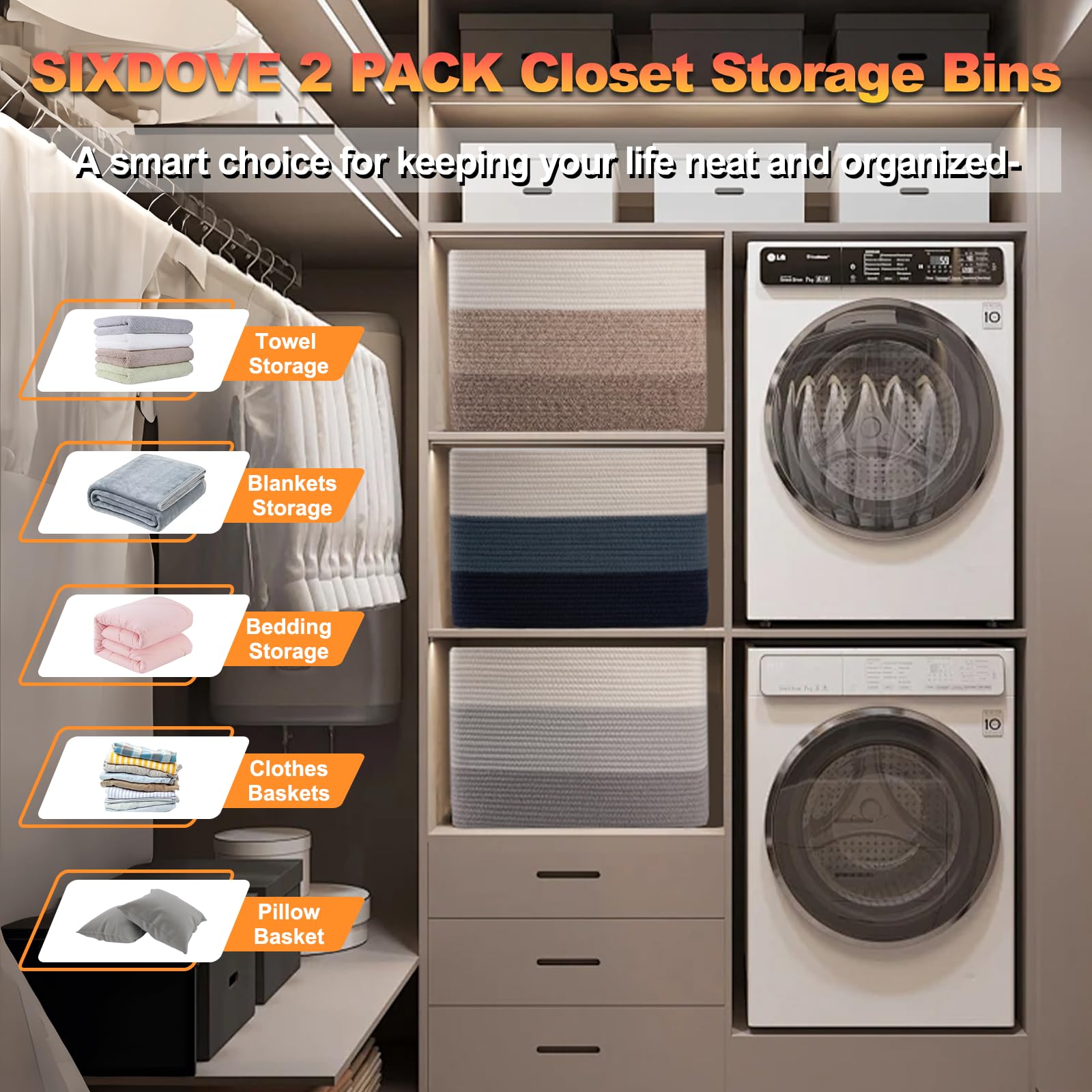 Storage Baskets For Organizing, 2 Pack Woven Basket For Storage, Rectangle Baskets For Shelves Closet Organizers, Toy Basket For