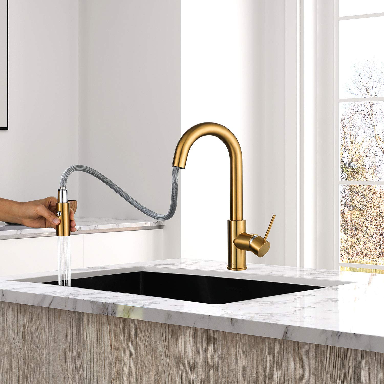 AguaStella AS59BG Brushed Gold Bar Faucet or Prep Kitchen Sink Faucet with Pull Down Sprayer and Single Handle