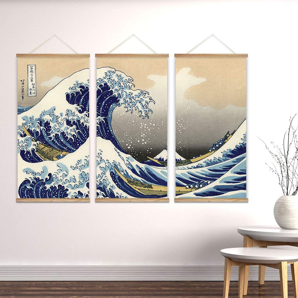 Wall26 - 3 Panel Hanging Poster With Wood Frames - Japanese Traditional Art The Great Wave Off Kanagawa By Hokusai - Ready To Ha