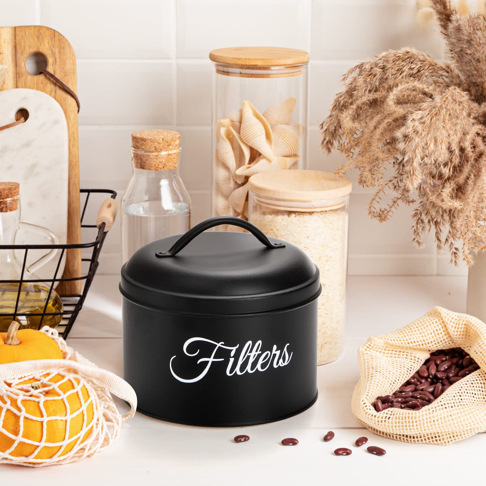 Suwimut Coffee Filter Holder, Black Enamelware Basket Coffee Filter Holder Storage Container With Lid, Rustic Round Metal Coffee