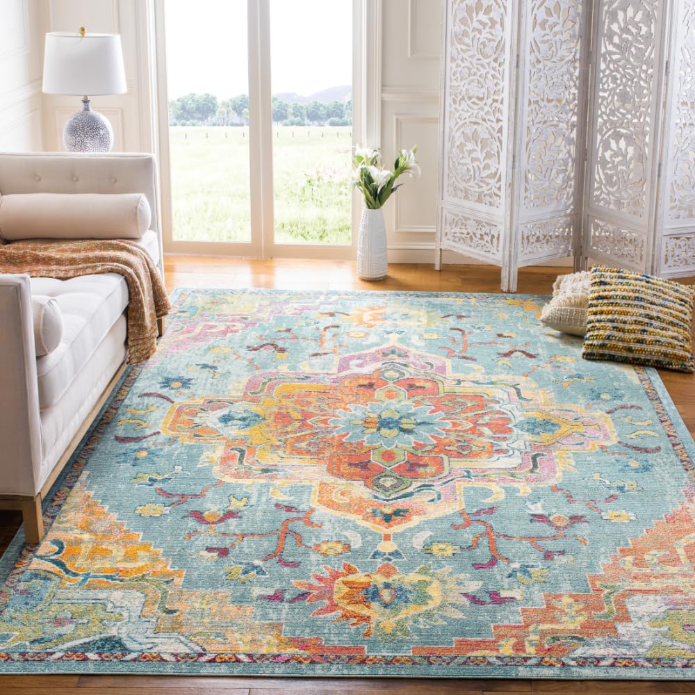 SAFAVIEH Crystal Collection Area Rug - 8 x 10, Teal & Orange, Medallion Distressed Design, Non-Shedding & Easy Care, Ideal for