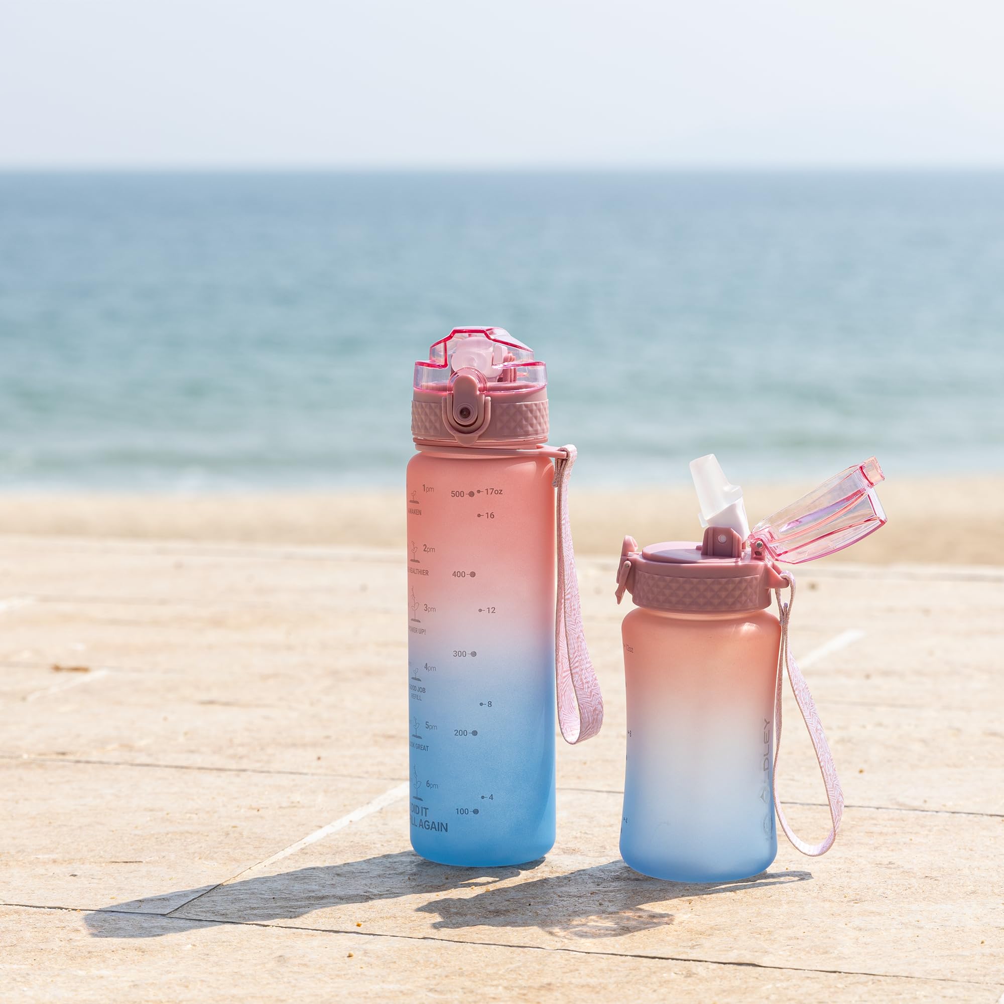 OLDLEY Kids Water Bottle for School  12 oz (2 lids) BPA-Free Reusable Leak-proof Durable Tritan Plastic Bottles with Straw & Chug Lids  Anti-dust Spout Cover (Pink-Blue)