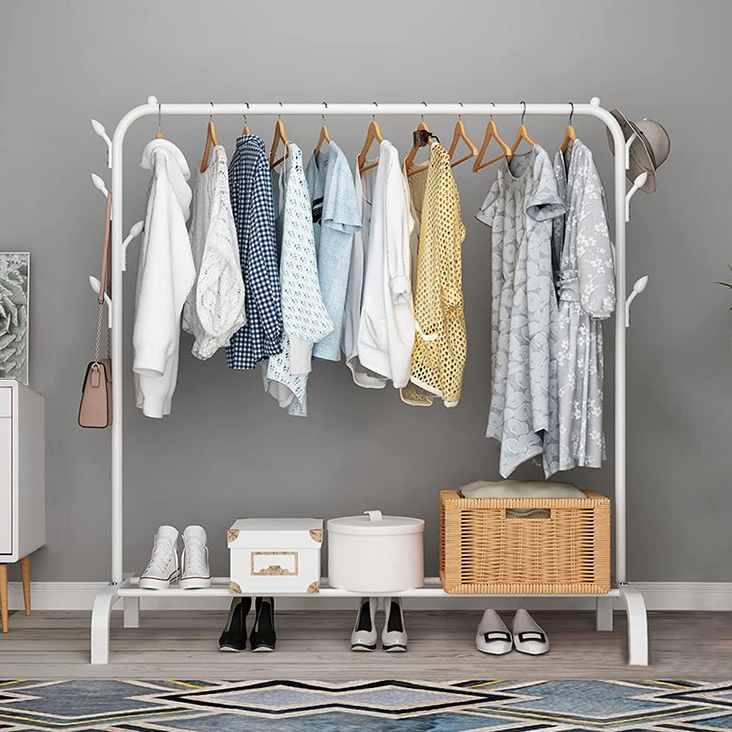 Aysis 1Pc Multipurpose Metal Single Garment Rack With Top Rod And Lower Storage Shelf With Hooks Heavy Duty Clothes Coat Stand C
