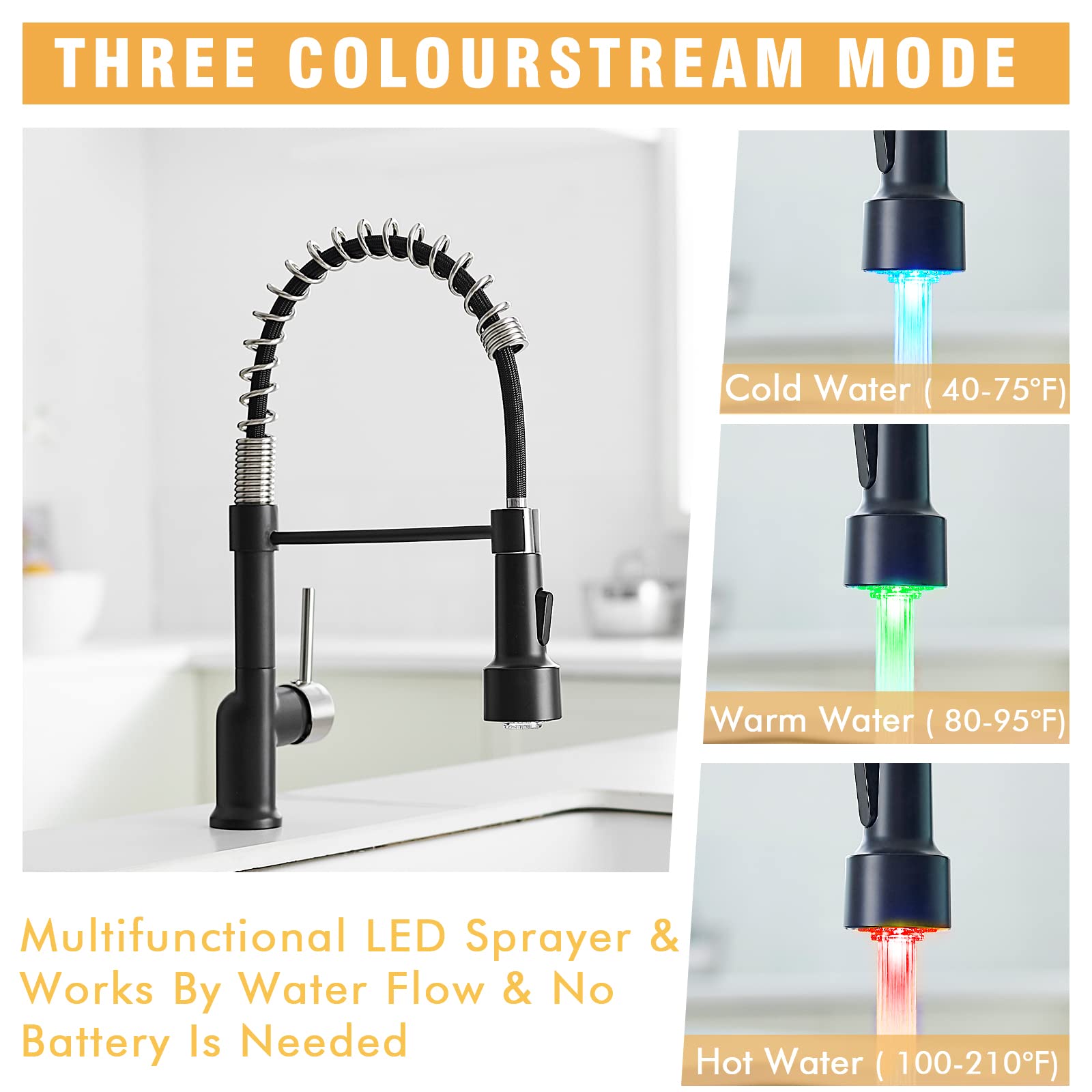 Gimili Brushed Nickel And Black Kitchen Faucet With Pull Down Sprayer Single Handle Led Kitchen Sink Faucet