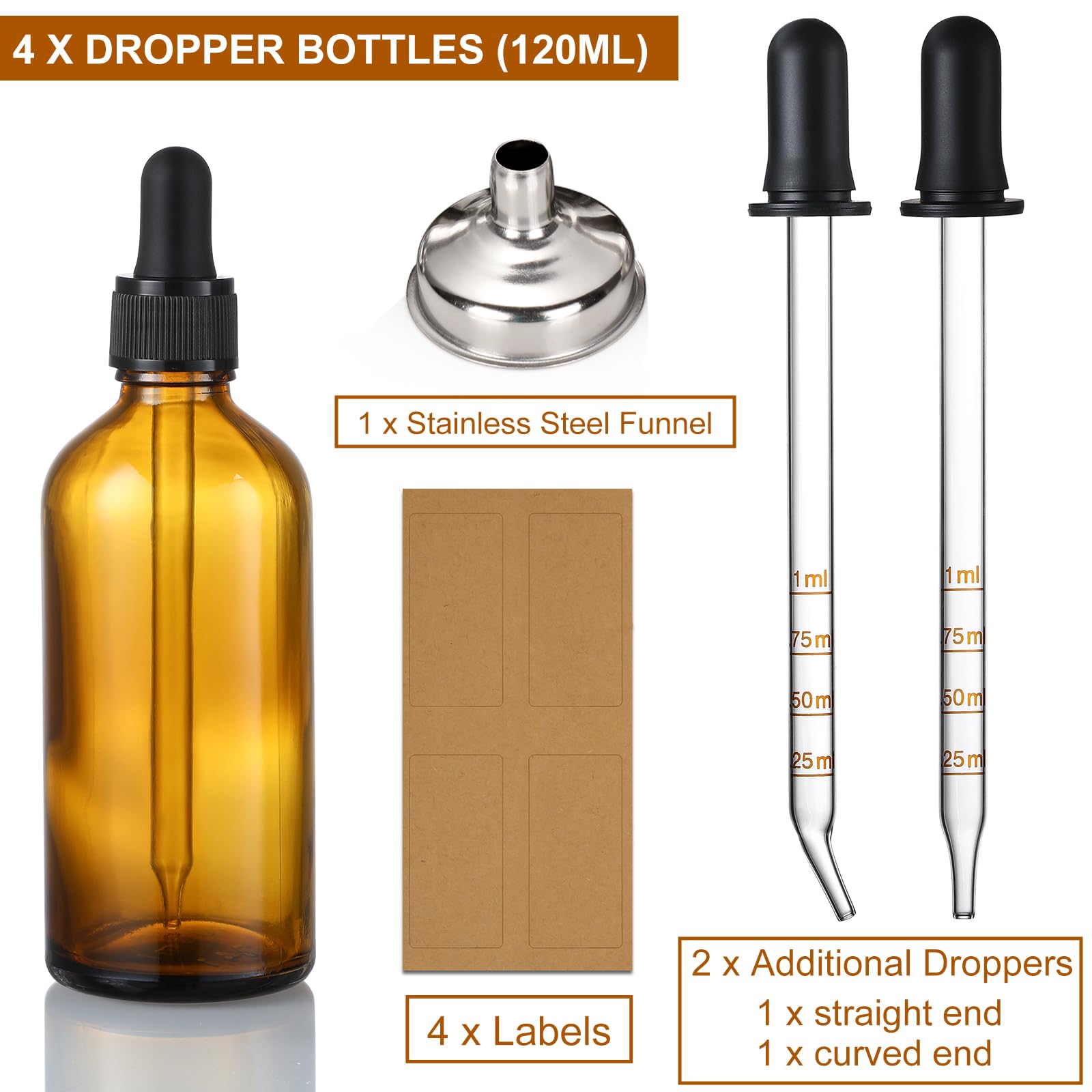 4 Pack, 4Oz Amber Glass Dropper Bottles Plus 2Pcs Graduated Calibrated Glass Pipettes (1Ml)- 120Ml Dark Brown Tincture Bottles W