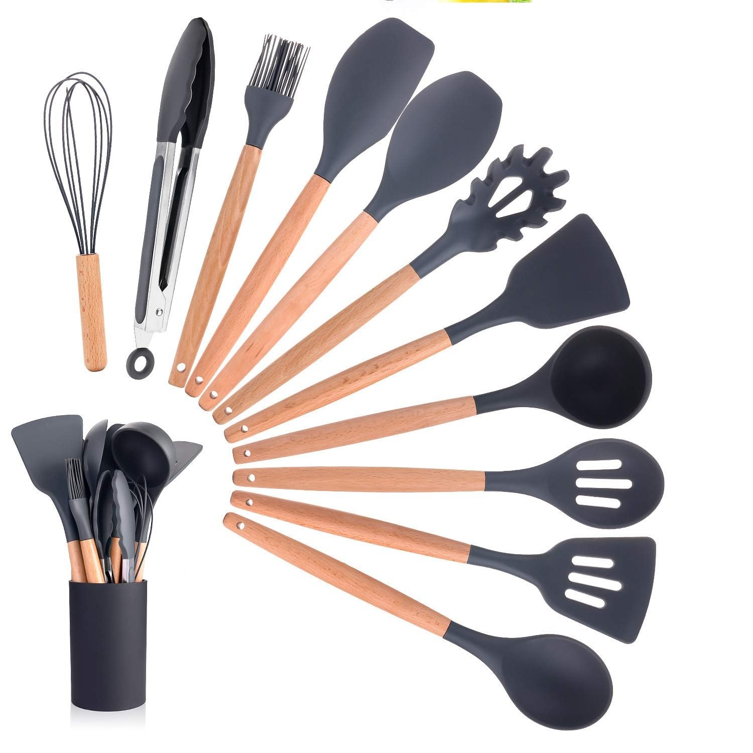 Non Stick Silicone Spatula Spoon Laddle Utensil Set For Kitchen Cookware Tool Set, 12 Pcs (Grey)