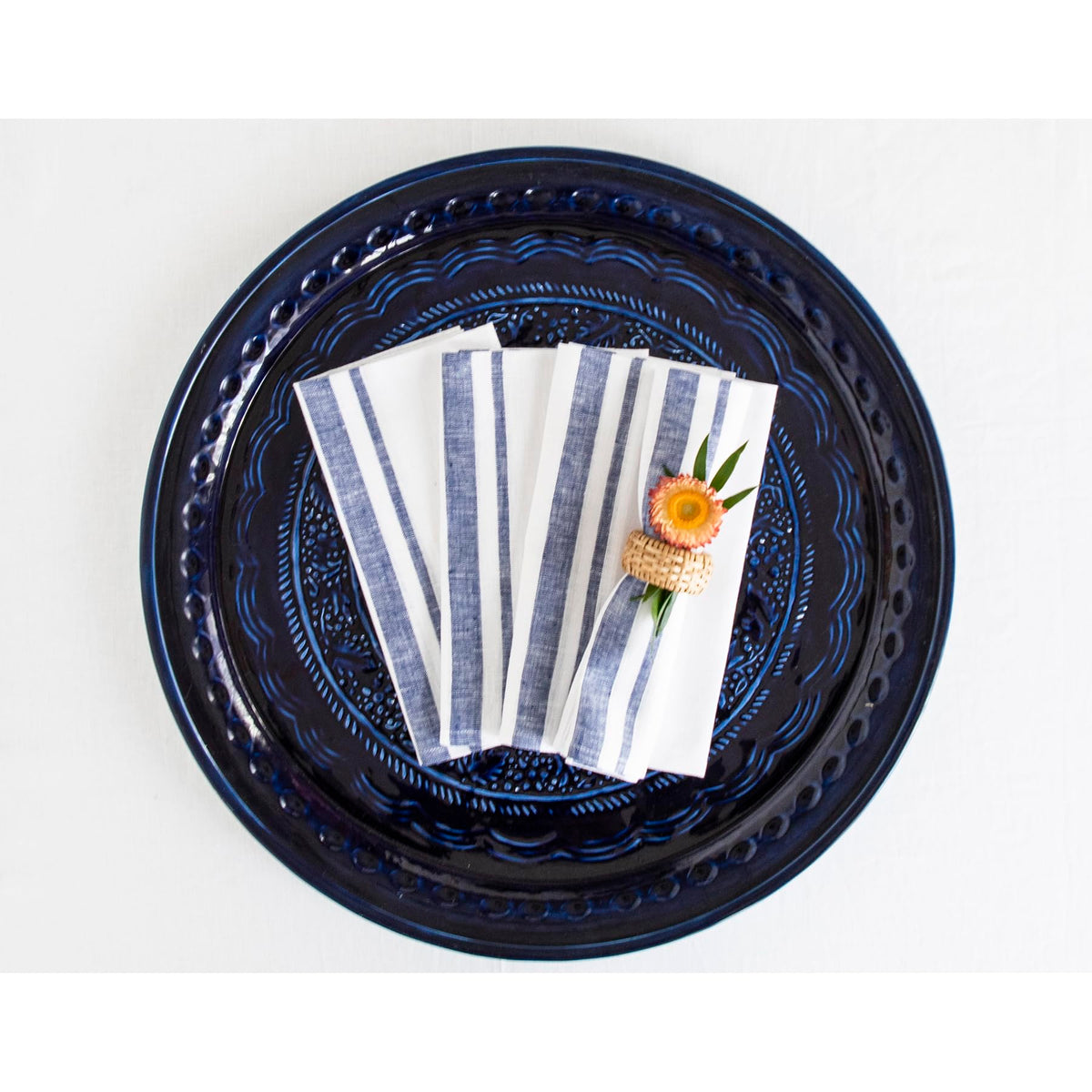 Solino Home French Linen Napkins Set Of 4 - 100% Pure Linen Navy And White Cloth Napkins - 20 X 20 Inch Stripe Washable Dinner N