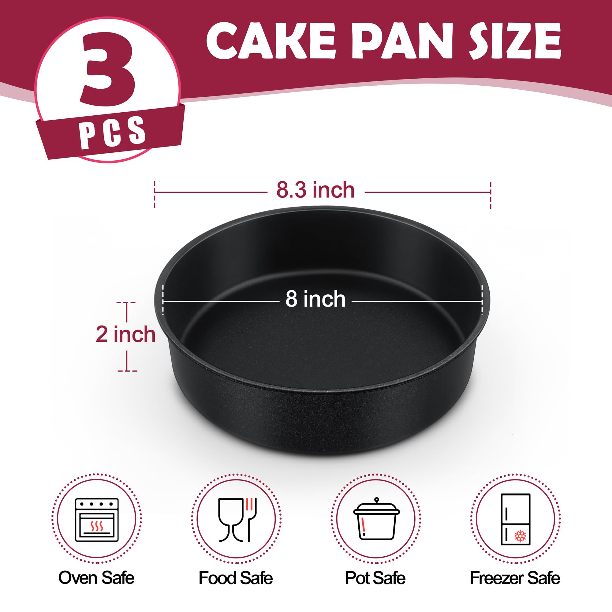 E-Far 8 Inch Cake Pan Set Of 3, Nonstick Round Baking Layer Cake Pans, Stainless Steel Core & Non-Toxic Coating, 2 Inch Deep (Bl