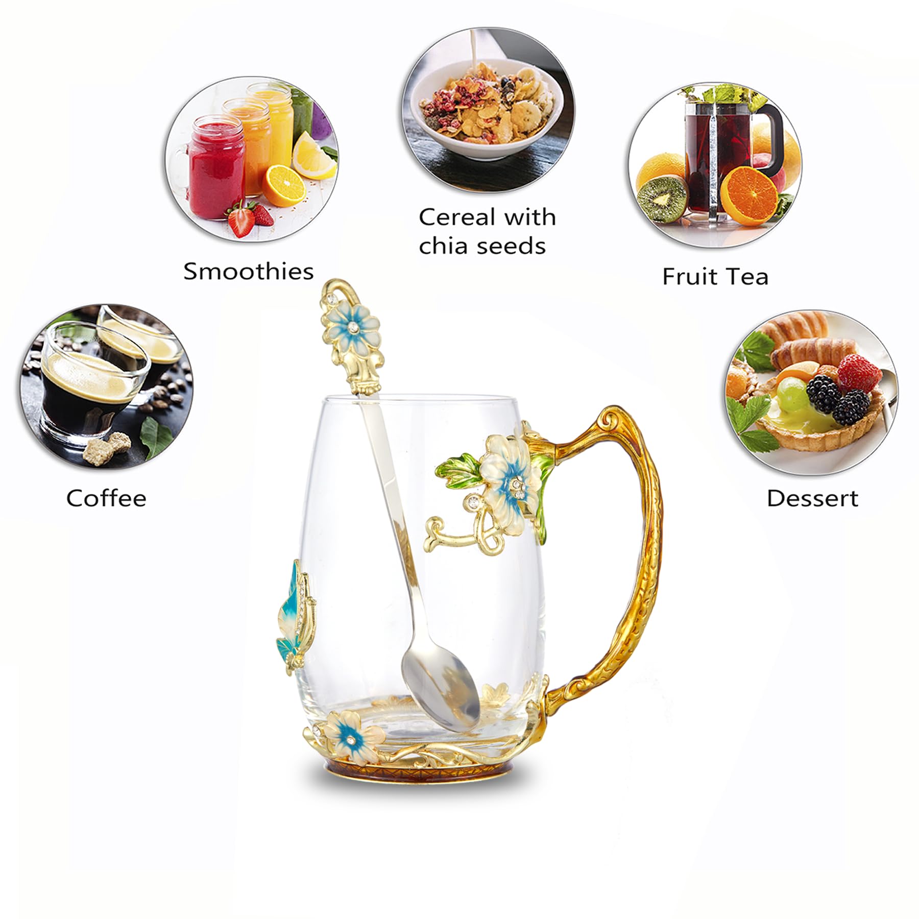 DUMVOIN Tea Cup Glass Coffee Mugs,Fancy Tea Cup Set Birthday Gift Idea for Tea Lover and Man & Women Novelty Coffee Mugs Rose Fl