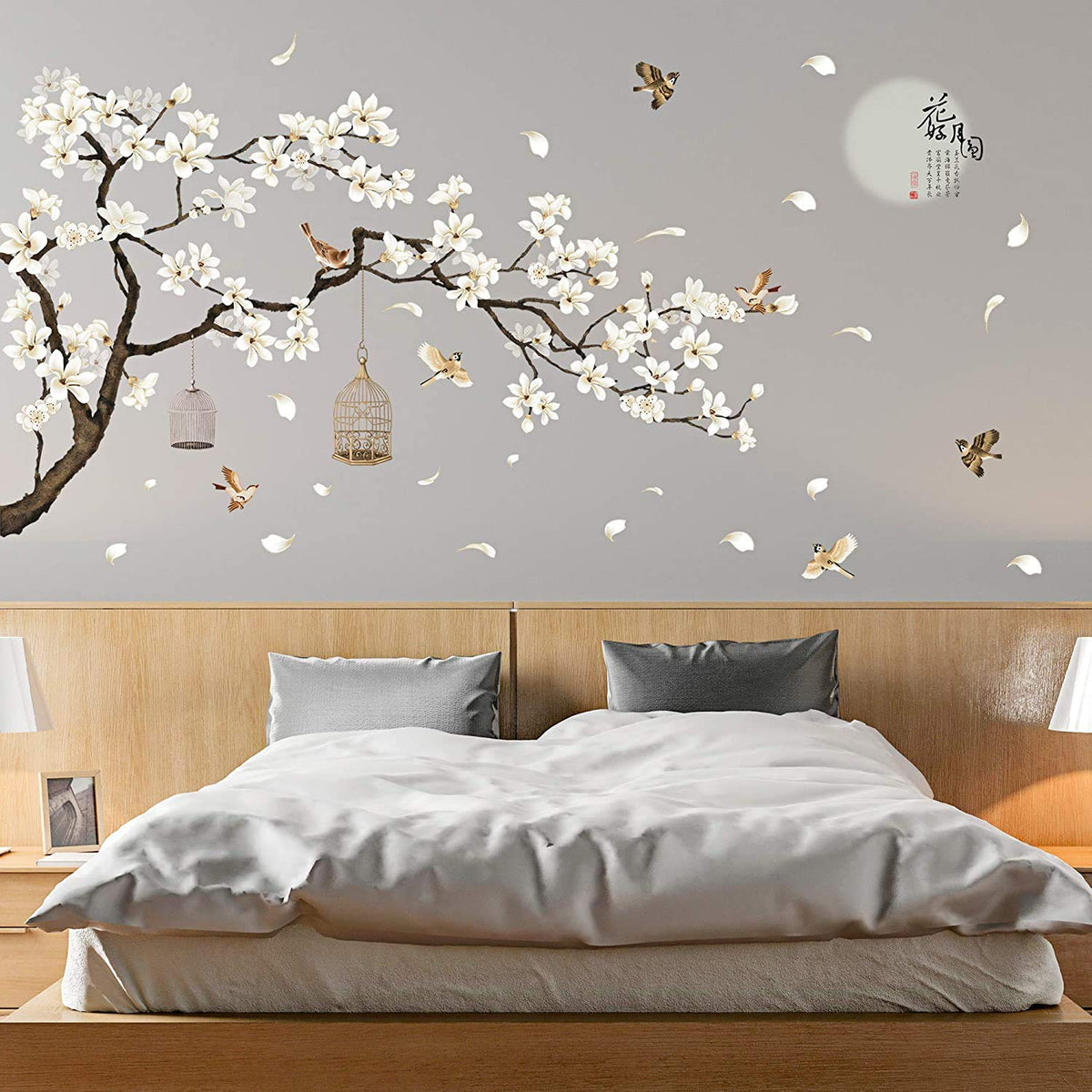 Livegallery White Peach Blossm Flowers Wall Decals Removable Diy Tree Branches Birds Saying Art Decor Wall Stickers Murals For L