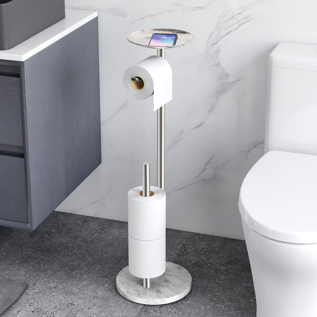 Feilern Toilet Paper Holder Stand With Marble Base, Toilet Paper Holder Stand Free Standing With Phone Shelf, Large Capacity Bat