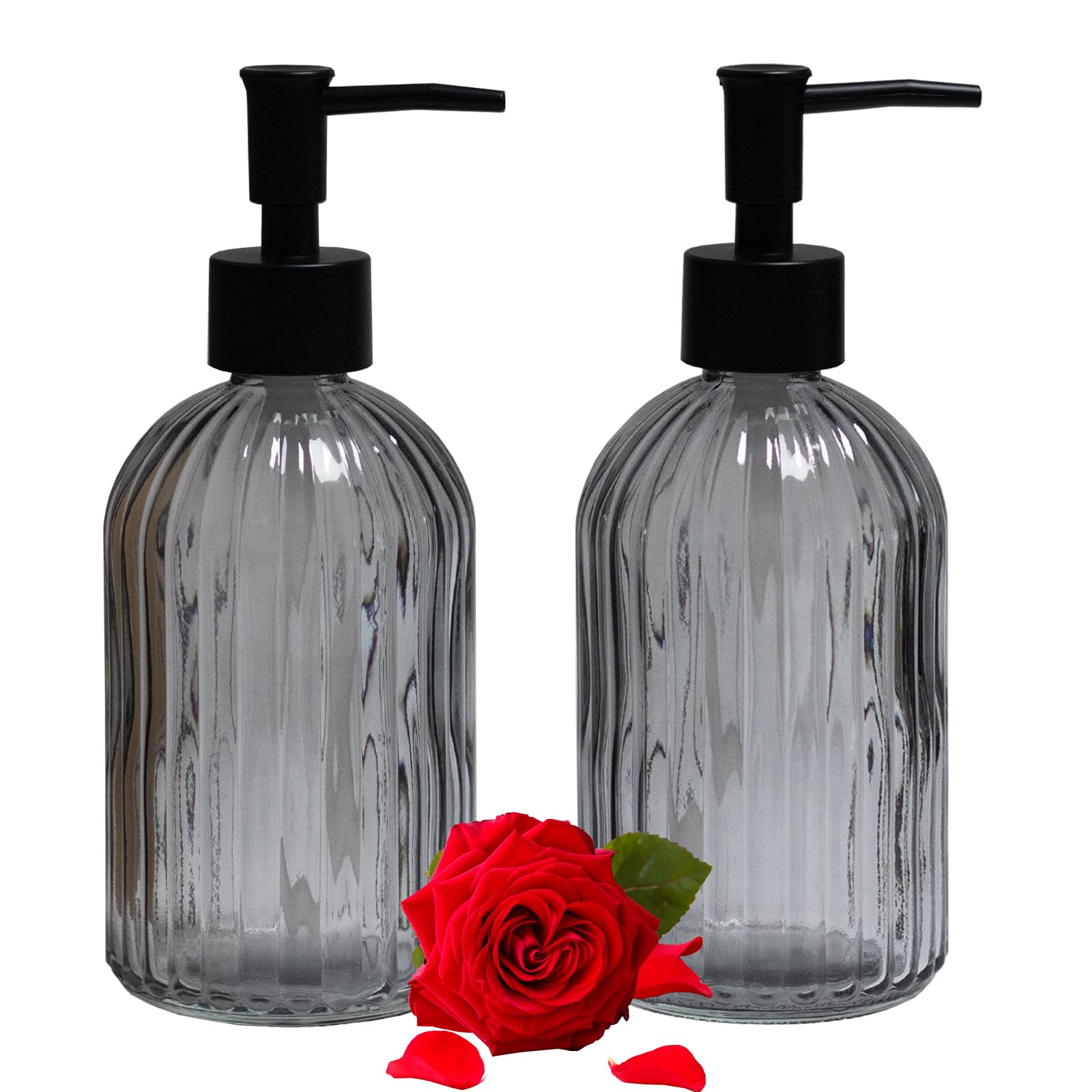 Gray Glass Soap Dispenser Set With Black Pump, 13.5Oz Refillable Liquid Hand Soap Dispenser, Lotion Dish Soap Dispenser For Mode