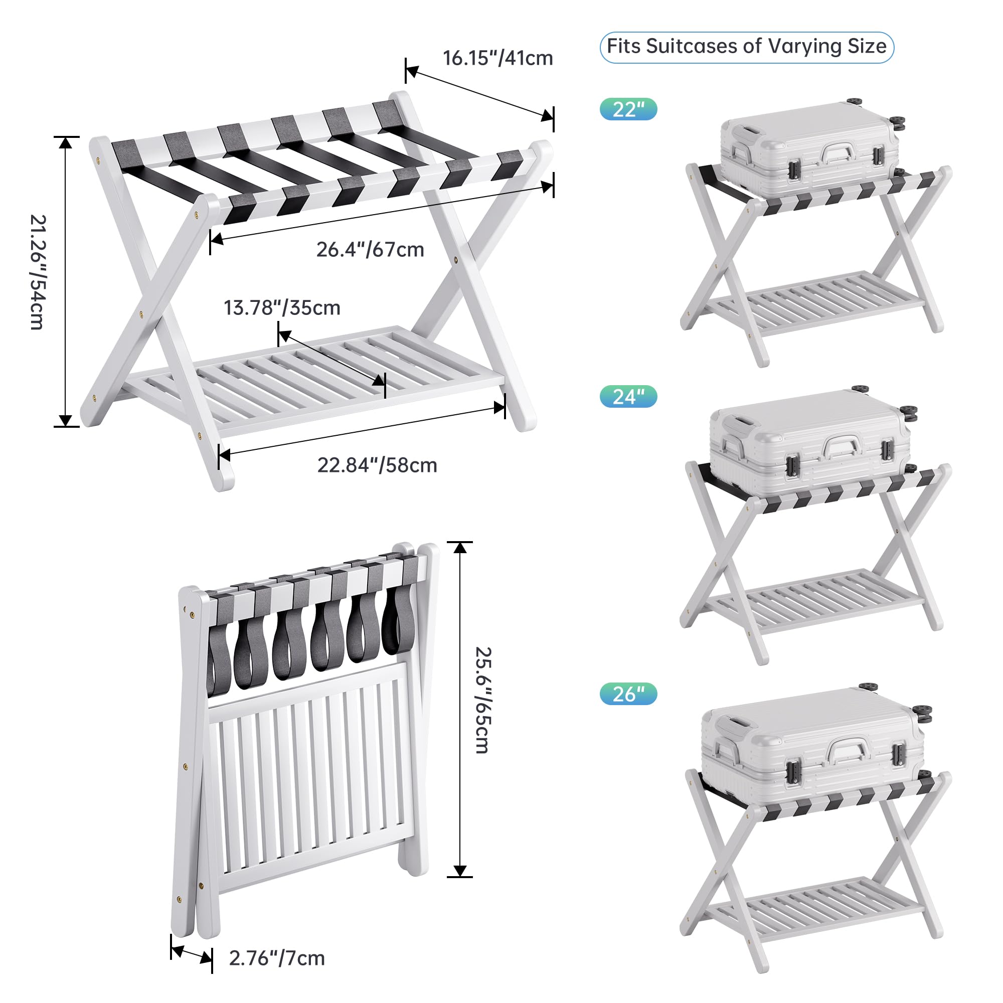 Smibuy Luggage Rack, Foldable Bamboo Suitcase Stand With Storage Shelf For Guest Room, Bedroom, Hotel, Heavy-Duty, 1 Pack (White