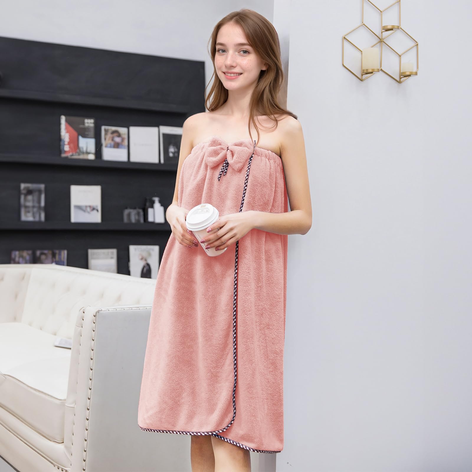 GOSCHE Bath Towel Wrap for Women - Adjustable Shower Wrap Towel with Home Hotel Bath Towel Nightgown for Sauna Beach Pool Gym Travel - Pink XL