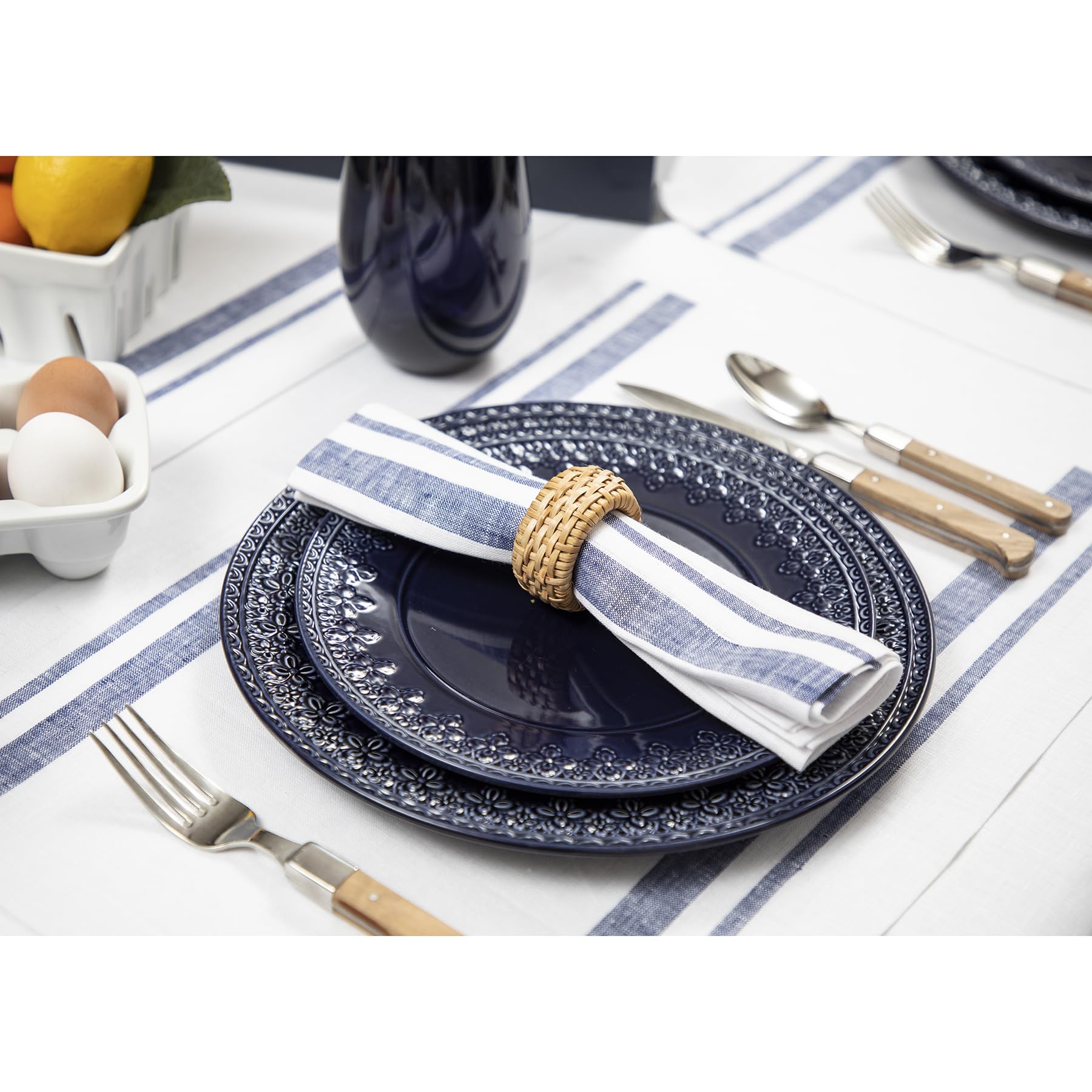 Solino Home French Linen Napkins Set Of 4 - 100% Pure Linen Navy And White Cloth Napkins - 20 X 20 Inch Stripe Washable Dinner N