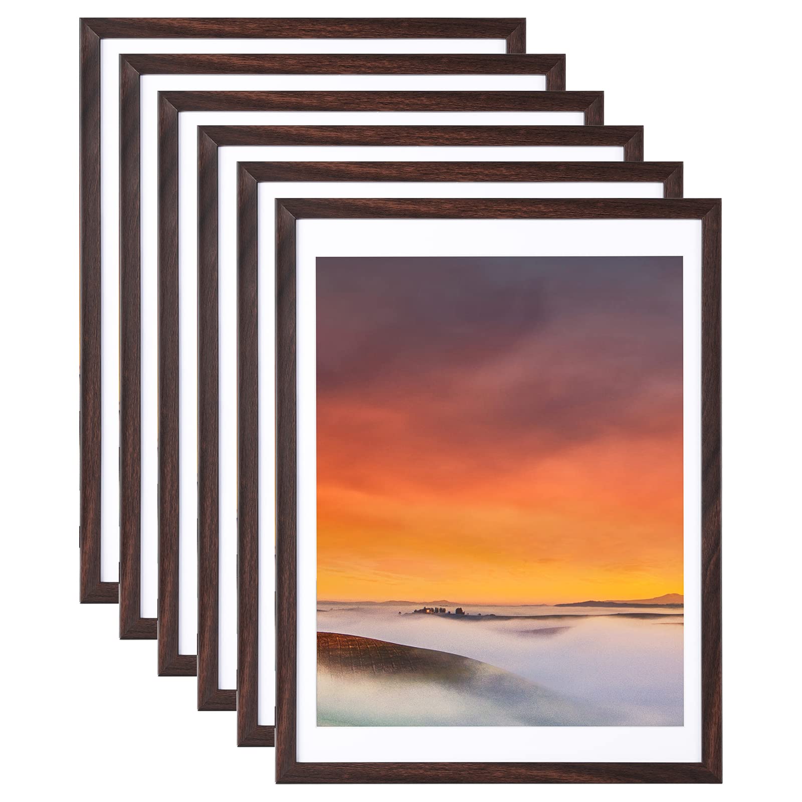 BSRHOME 12x16 Picture Frame Set of 6, Display Pictures 11x14 with Mat or 12x16 Without Mat,Wall Gallery Photo Frames, Brown
