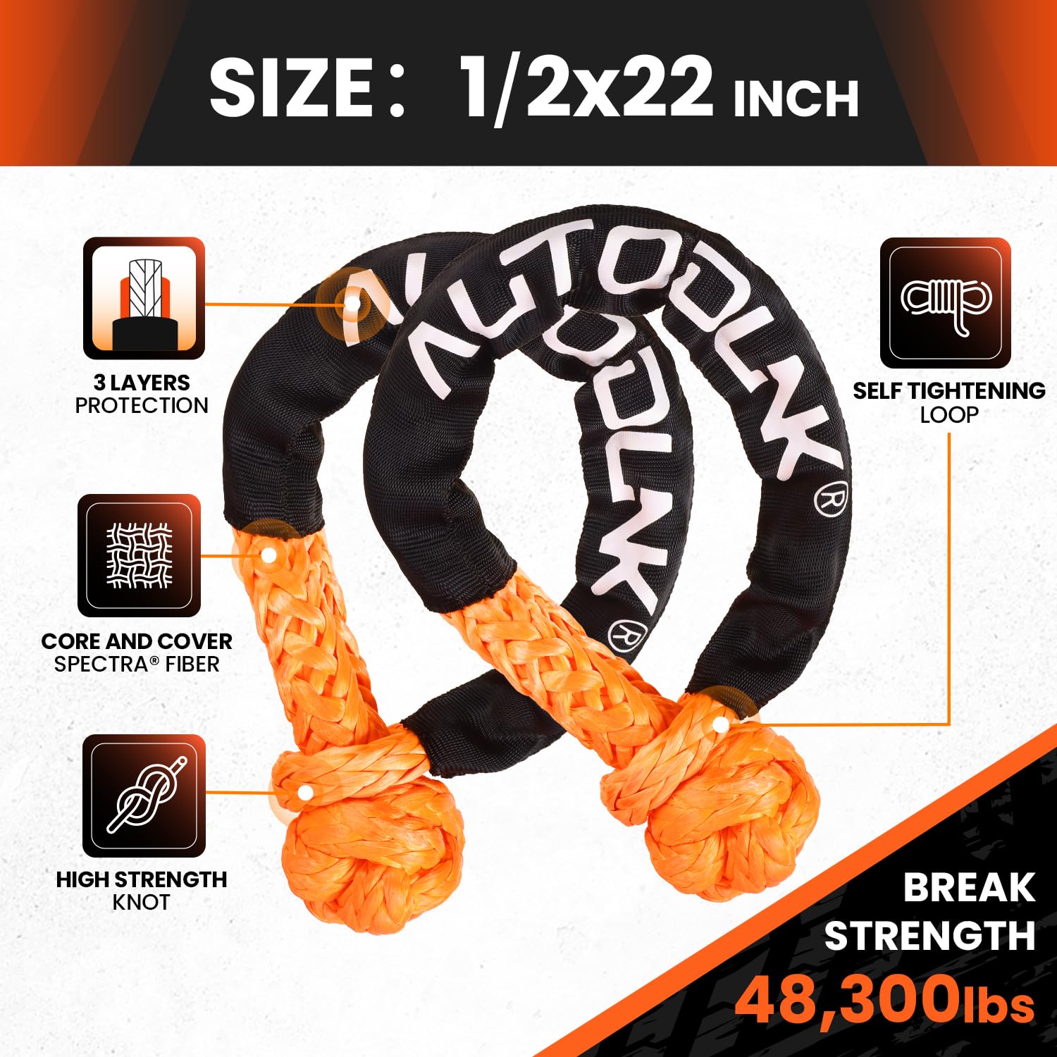 Autodunk 1 X 30 Kinetic Recovery  Tow Rope (33,000Lbs), With 2 Soft Shackles (33,000Lbs) Offroad Recovery Kit For 4Wd Pick Up Tr