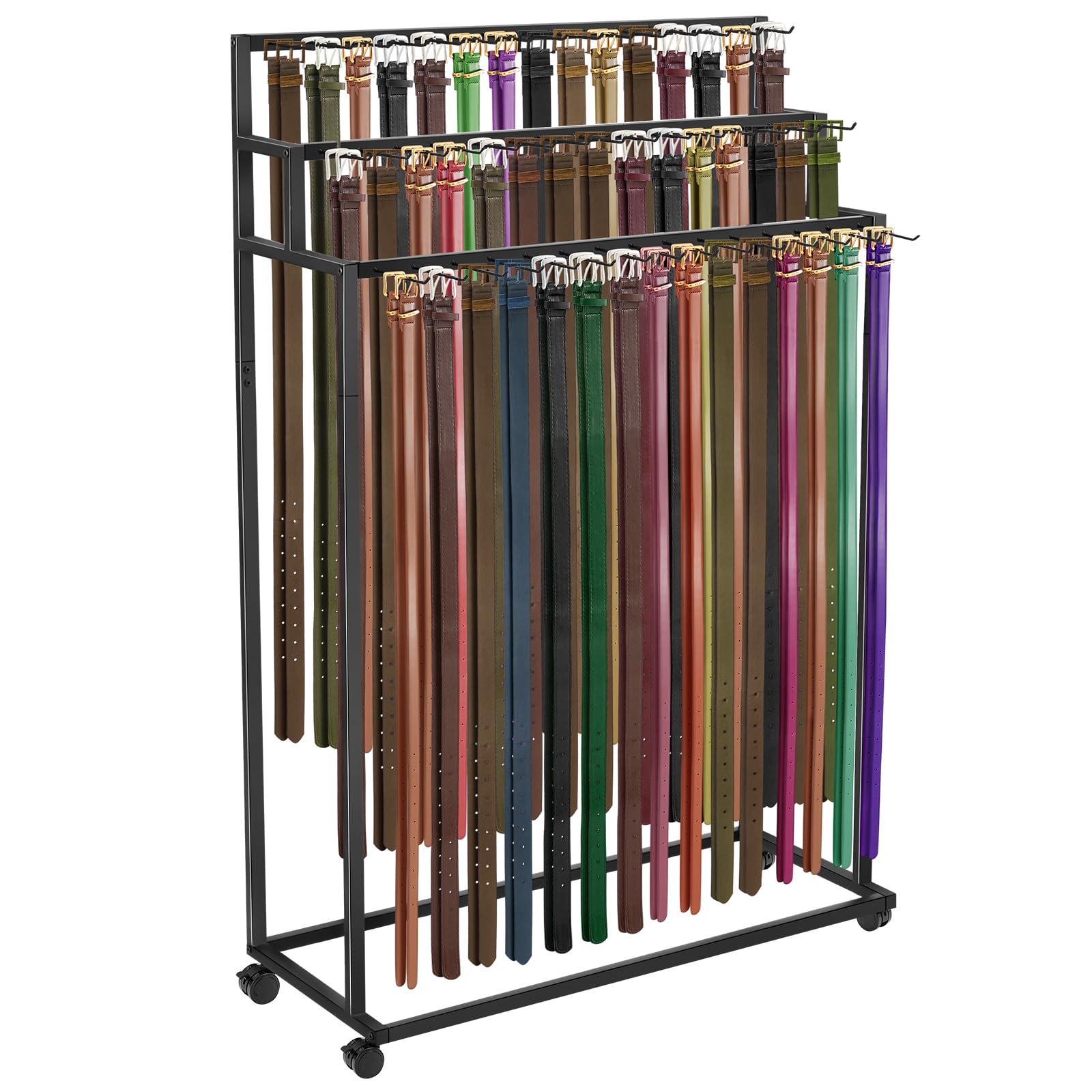 Yaocom Floor Mounted Belt Hanger, Metal Men Closet Display Stand Organizer with Wheels, Ties Scarf Rack Shawls Purse Shelf Stora