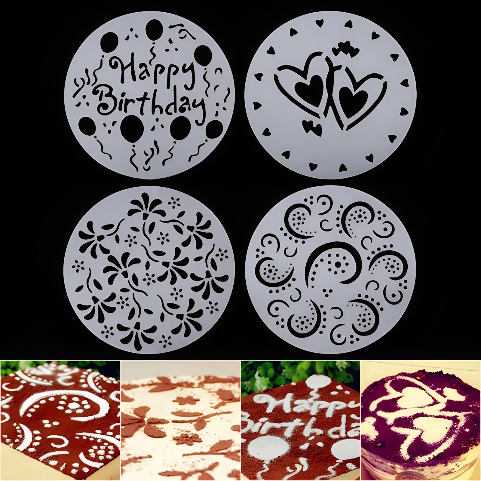 Yofan 4-Piece Variety Cake Stencil Template,Birthday Heart Flower Spirals Decorating Mold Tool