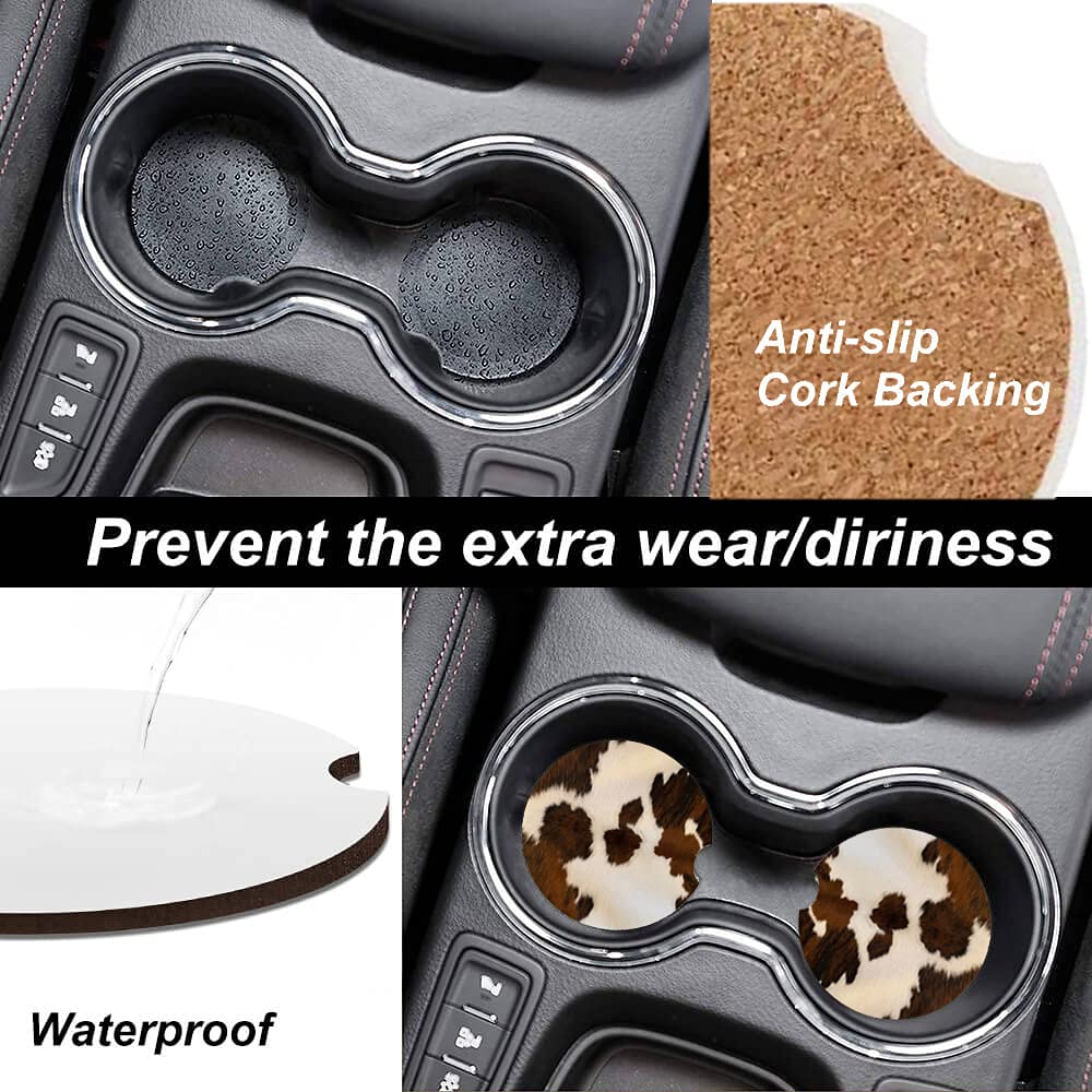 Absorbent Car Coasters 2 Pack For Womenmen,Cow Hide Car Coaster For Drinks,Ceramic Stone Car Cup Holder With A Finger Notch,Farm