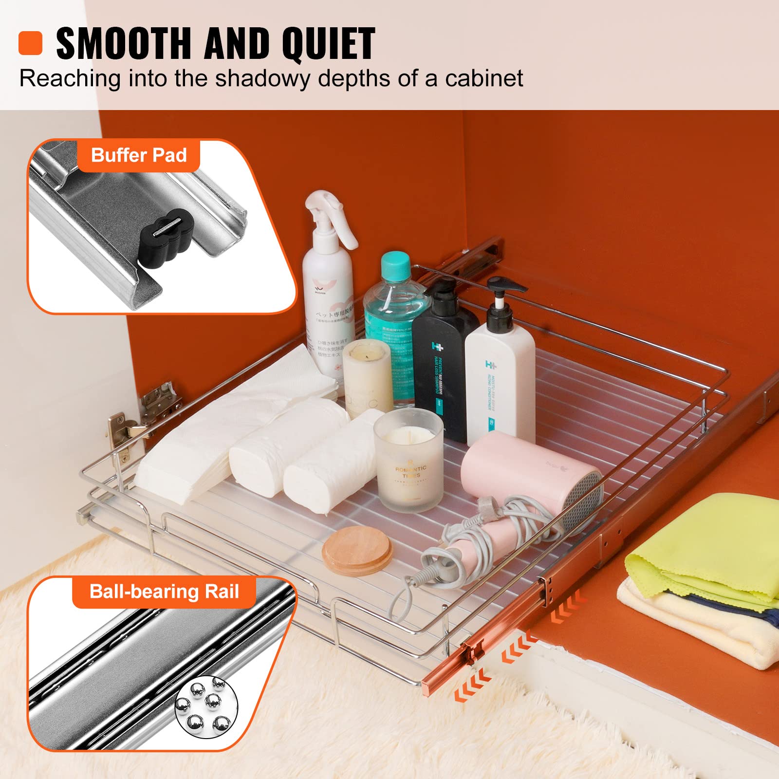 VEVOR Pull Out Cabinet Organizer, Heavy Duty Chrome-Plated Steel, 14"W x 21"D, Ideal for Pantry, Bathroom, Under Sink Storage