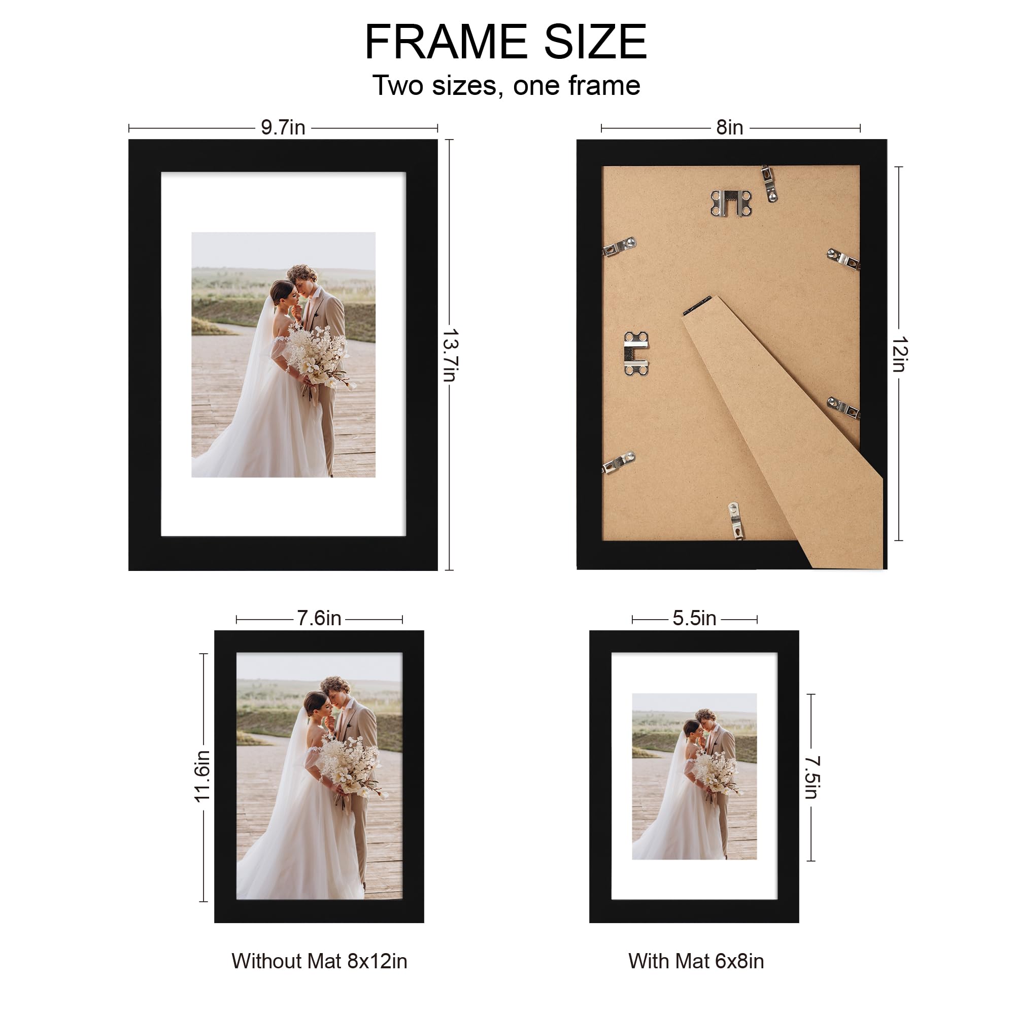 Hongkee 8x12 Picture Frame Set of 4, Made of Real Glass and Black Wooden Frame - Display 6x8 Picture with Mat or 8 x 12Poster Wi