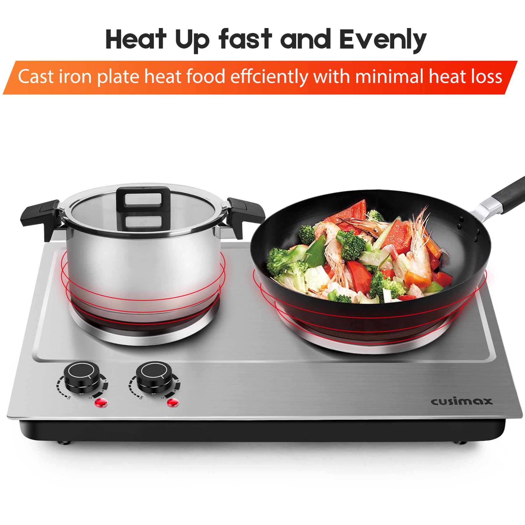 Cusimax 1800W Double Hot Plate, Stainless Steel Silver Countertop Burner Portable Electric Double Burners Electric Cast Iron Hot